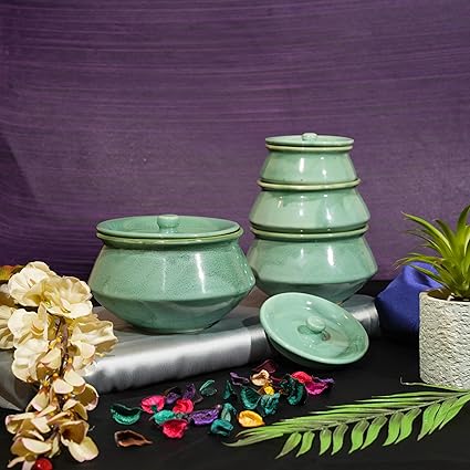 Caffeine Ceramic Handmade Green Ferrous Serving Handi with Lid (Set of 4)