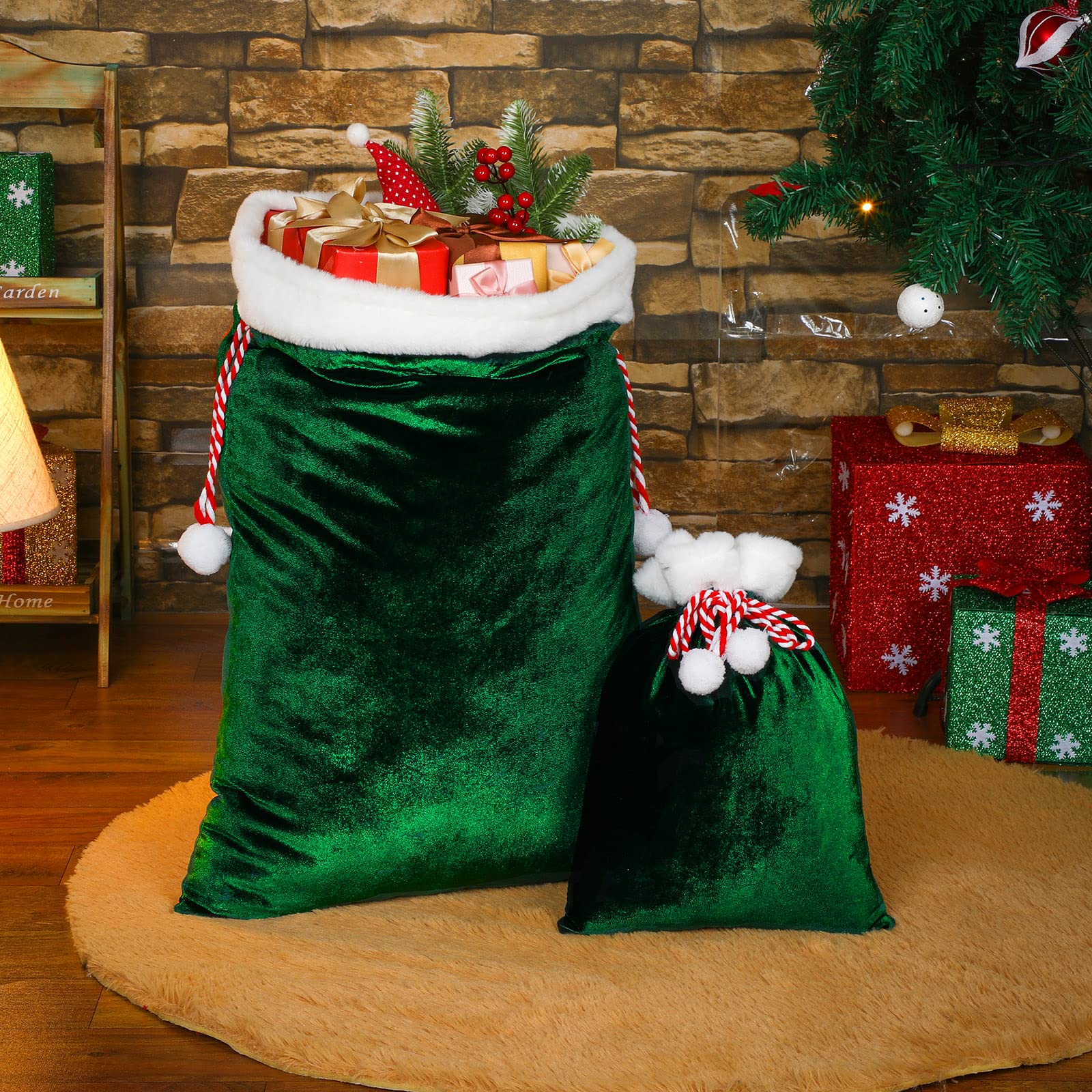 Shappy Christmas Velvet Santa Gift Bags Set Of 2 With Drawstring - Large & Medium Sizes (Pink)