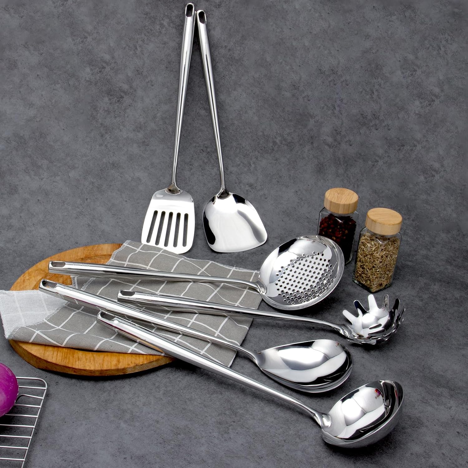 VALESKA 6PCS Stainless Steel Cooking Utensils Set,18/10 Metal Kitchen Utensils Set, Include Wok Spatula Stainless Steel,Metal Pasta Spoon and etc,Easy to Clean