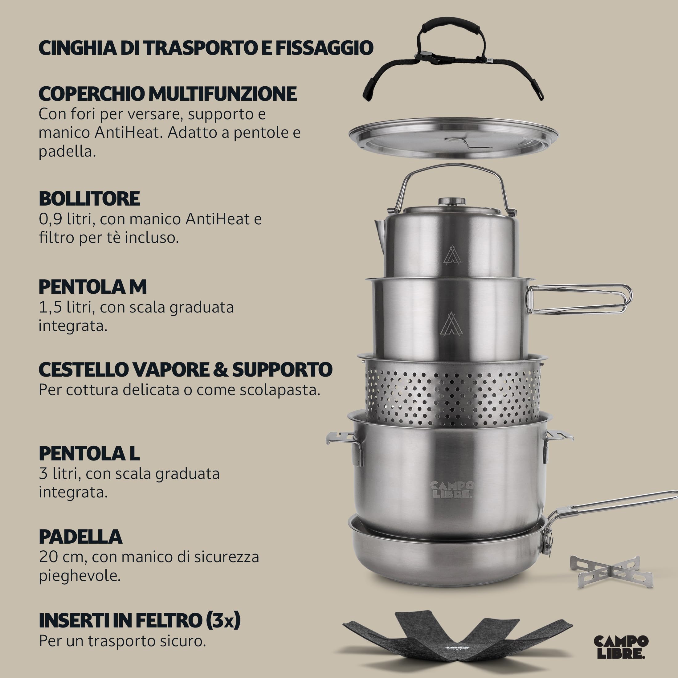 Campo Libre.® ENZO Set Pentole da Campeggio – Pentole e Padella in Acciaio Inox Resistente con Tecnologia ProCore, Compatibile con Fornello Elettrico, Induzione, Gas, Compatto e Impilabile.