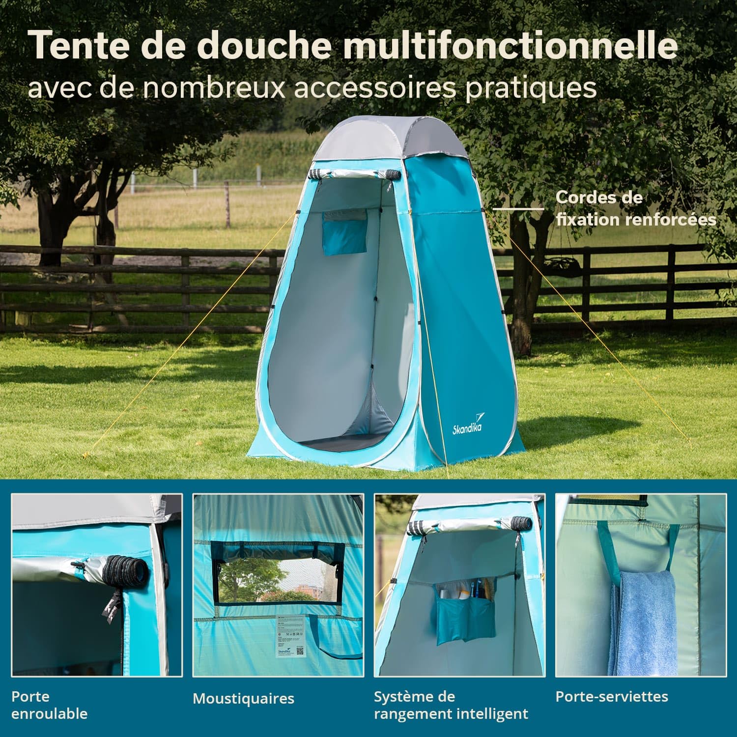 Skandika Tente de douche pop-up de camping - 210 cm - Revêtement argenté - Opaque - Sol séparé - Fenêtre recouvrable - Moustiquaire - Fixation pour douche