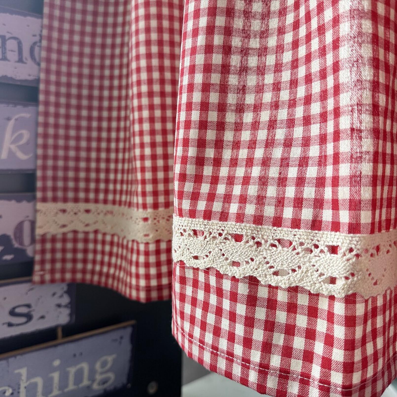 A.Monamour Tenda da cucina in cotone rosso e bianco a quadri in pizzo rurale a quadretti mezza corta tenda da cucina mantovana per piccole finestre bar bistrot