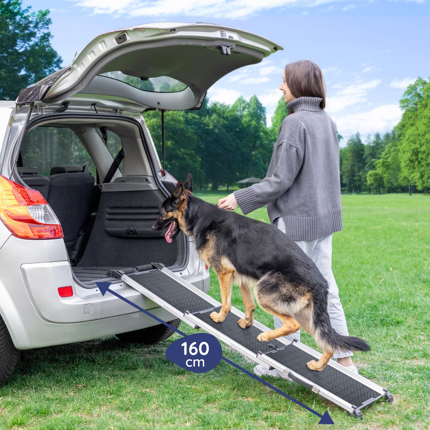 Hunderampe Auto Klappbar- Teleskop Alu Rampe für große Hunde - Stabile Hundetreppe Auto & SUV - rutschfest - Reflektierende Seiten - Hundeleiter Auto - 90kg Belastbarkeit - Befestigungsclip - Schwarz