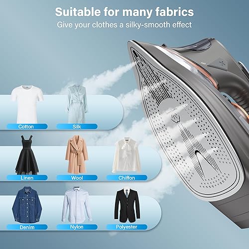 Miniatura 6 de Plancha de vapor para ropa con pantalla LCD, suela de cerámica antiadherente de 1700 W, apagado automático, autolimpieza, antigoteo, ráfaga de