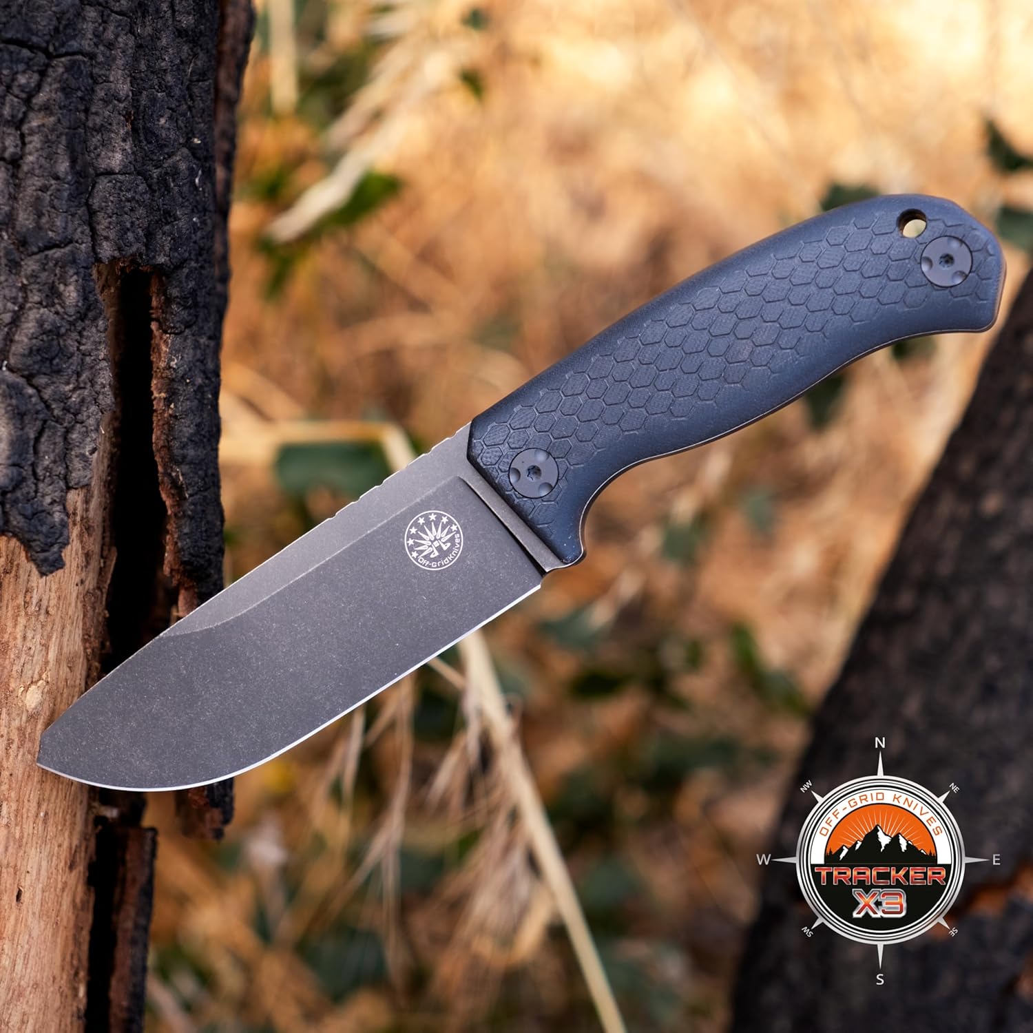 Off-Grid Knives - TRACKER-X3 Fixed Blade Knife, Cryo D2 Blade Steel, G10 Scales, Kydex Sheath, OG Lo-Pro Belt Attachment, Camping, Bushcraft, Hunting, Survival (Blackout)