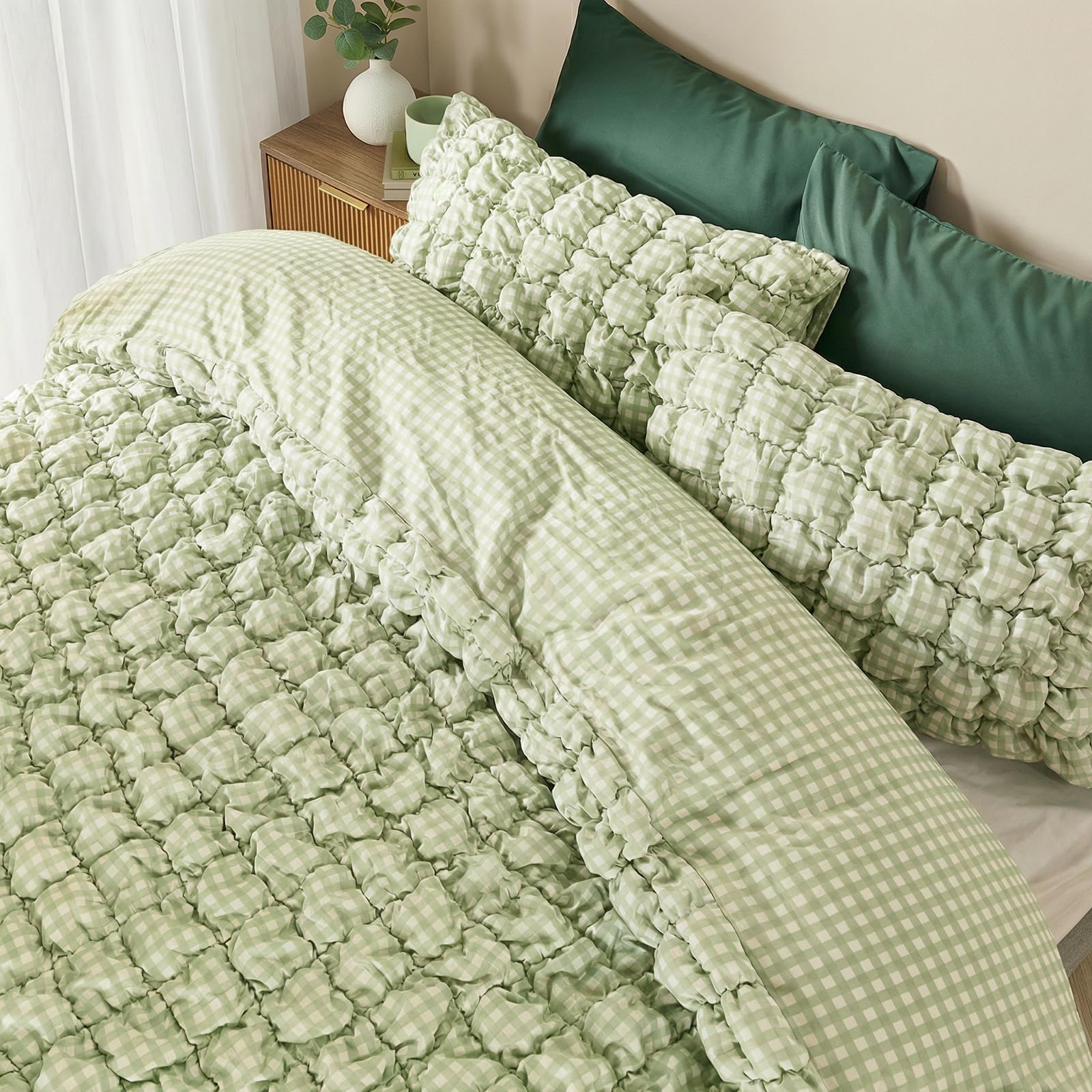 OHS Super King Duvet Set, Super Soft Warm Cosy Timeless Gingham Check Bedding Filled Seersucker Duvet Cover Stylish Superking Quilt Cover with Matching Pillowcases, Sage