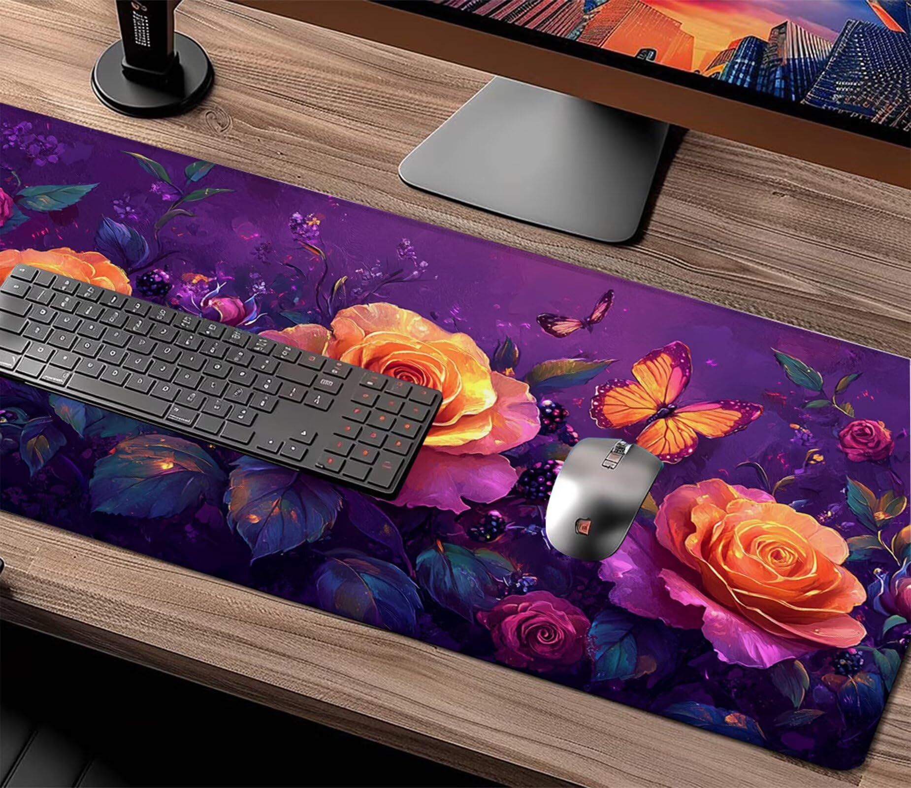 Gamingowa podkładka pod mysz XXL, 1200 x 600 mm, róża, motyle, podkładka na biurko z antypoślizgową gumową podstawą, szyte krawędzie, poprawia prędkość, precyzja, akcesoria gamingowe X1-372