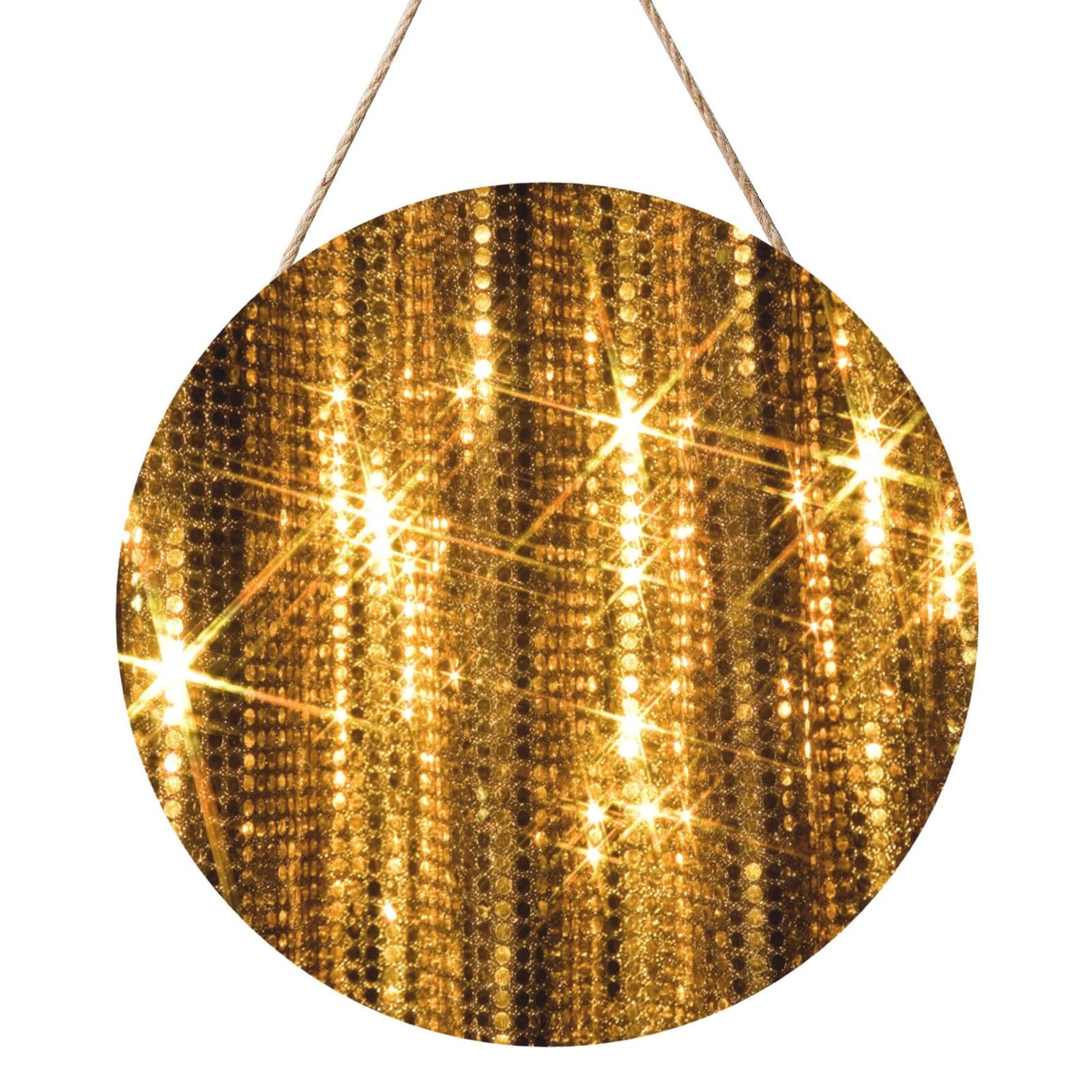 InOmak Gold Sequin Sparkle, Round Wood Panel Painting 12 in, Wall Hanging Painting For Home