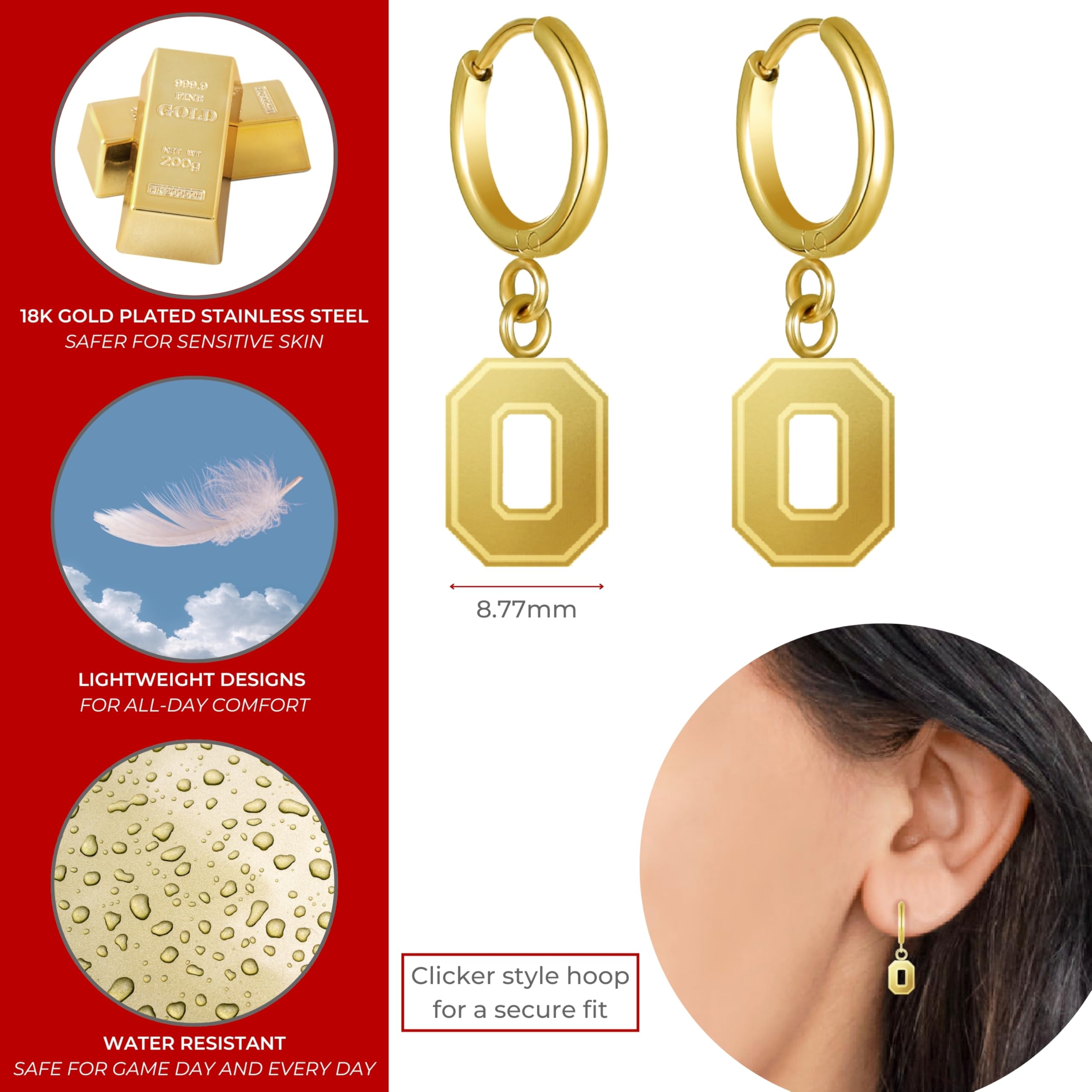 Stone Armory Earrings for Ohio State University Jewelry Gifts for Women, Graduation – Stainless Steel Skin-Friendly Ohio State Buckeyes Earrings 18K Gold Finish OSU Block O Hoops