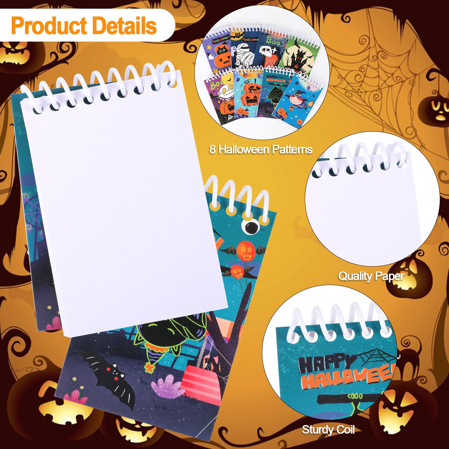 LOMIMOS Halloween-Notizblöcke, Spiralblock, Notizbuch, Mama, Kürbis, Skelett, Geist, Süßes oder Saures für Kinder, Schule, Klassenzimmer, Partygeschenke, 8 Designs, 24 Stück