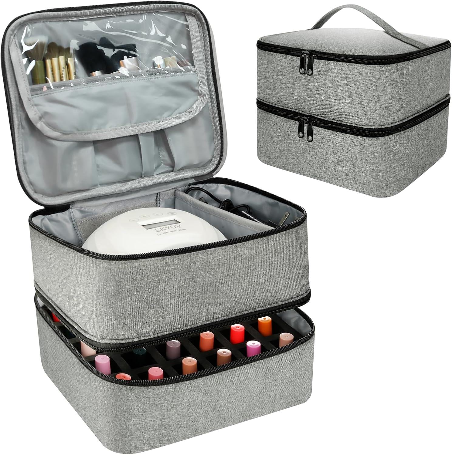 Nail Polish Organizer Bag, Double-Layer Nail Supplies Organizer Holds 30 Bottles & Nail Lamp, Professional Nail Kit Storage Carrying Case (Gray)
