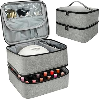 Nail Polish Organizer Bag, Double-Layer Nail Supplies Organizer Holds 30 Bottles & Nail Lamp, Professional Nail Kit Storage Carrying Case (Gray)