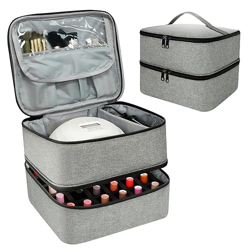 Bolsa organizadora de esmalte de uñas, organizador de suministros de uñas de doble capa con capacidad para 30 botellas y lámpara de uñas, estuche de