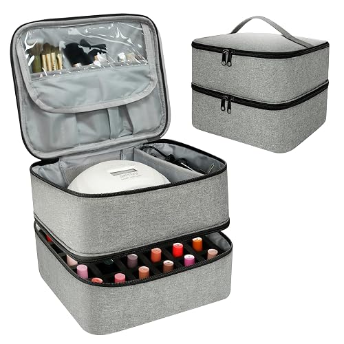 LIVEBAY Nail Polish Organizer Bag, Double-Layer Nail Supplies Organizer Holds 30 Bottles & Nail Lamp, Professional Nail Kit Storage Carrying Case (Gray)