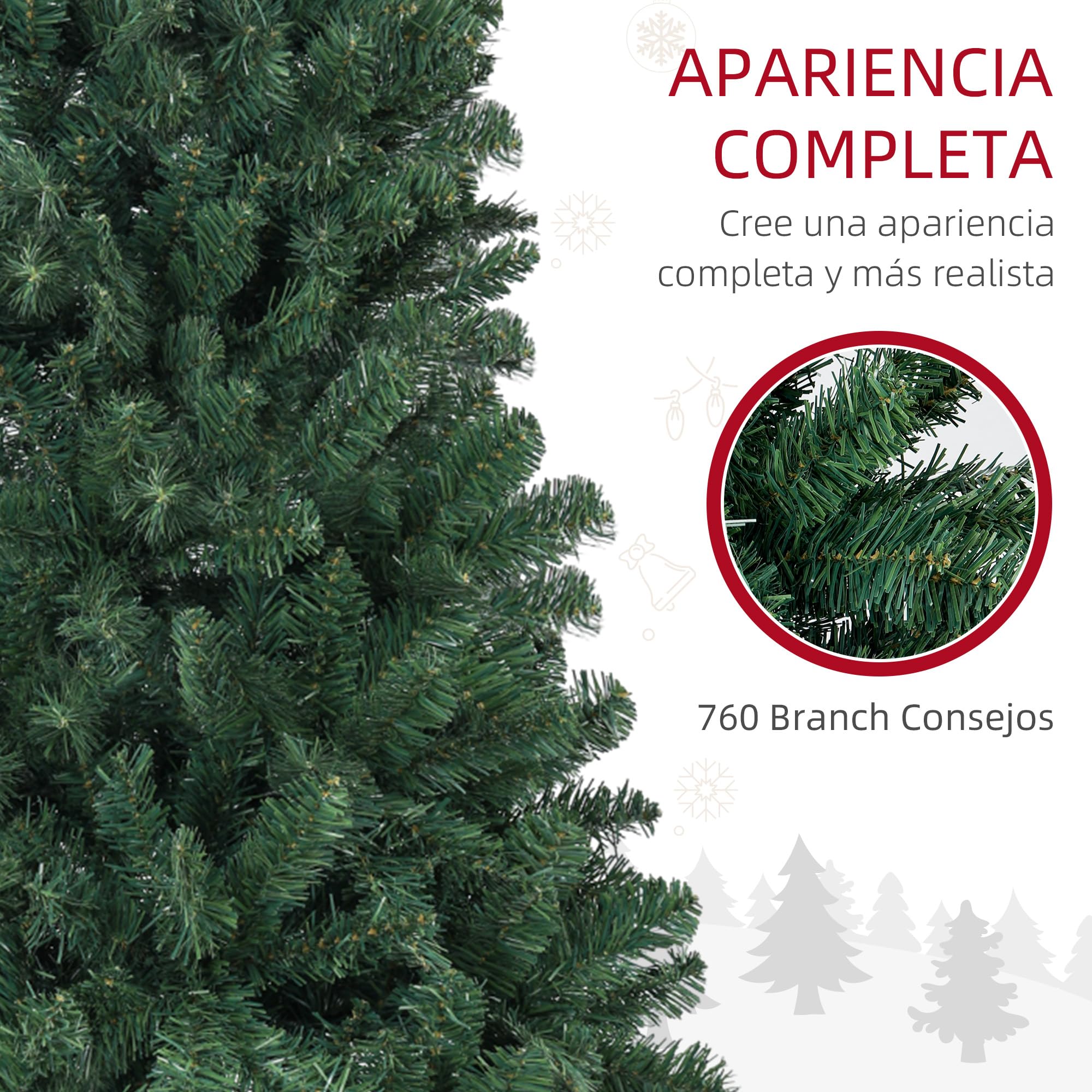 HOMCOM Árbol de Navidad 180 cm Artificial 760 Ramas Base Plegable Verde | Ramas de Alambre de Memoria, Árbol de Navideño para Salón
