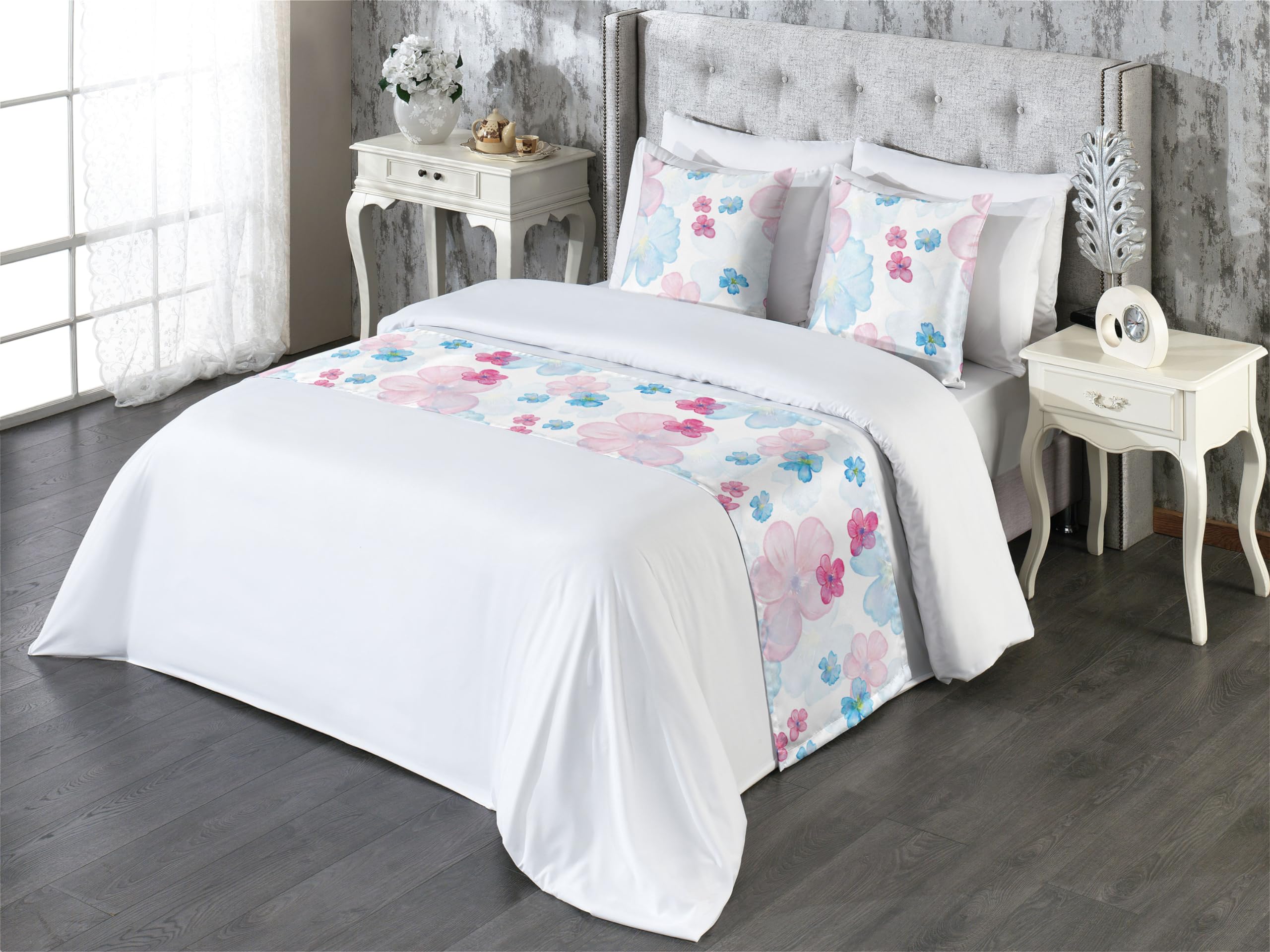 Ambesonne Spring Bed Runner Set Watercolor Style Flowers Pattern Vintage Illustration on Plain Back Decorative Bedding Scarf and