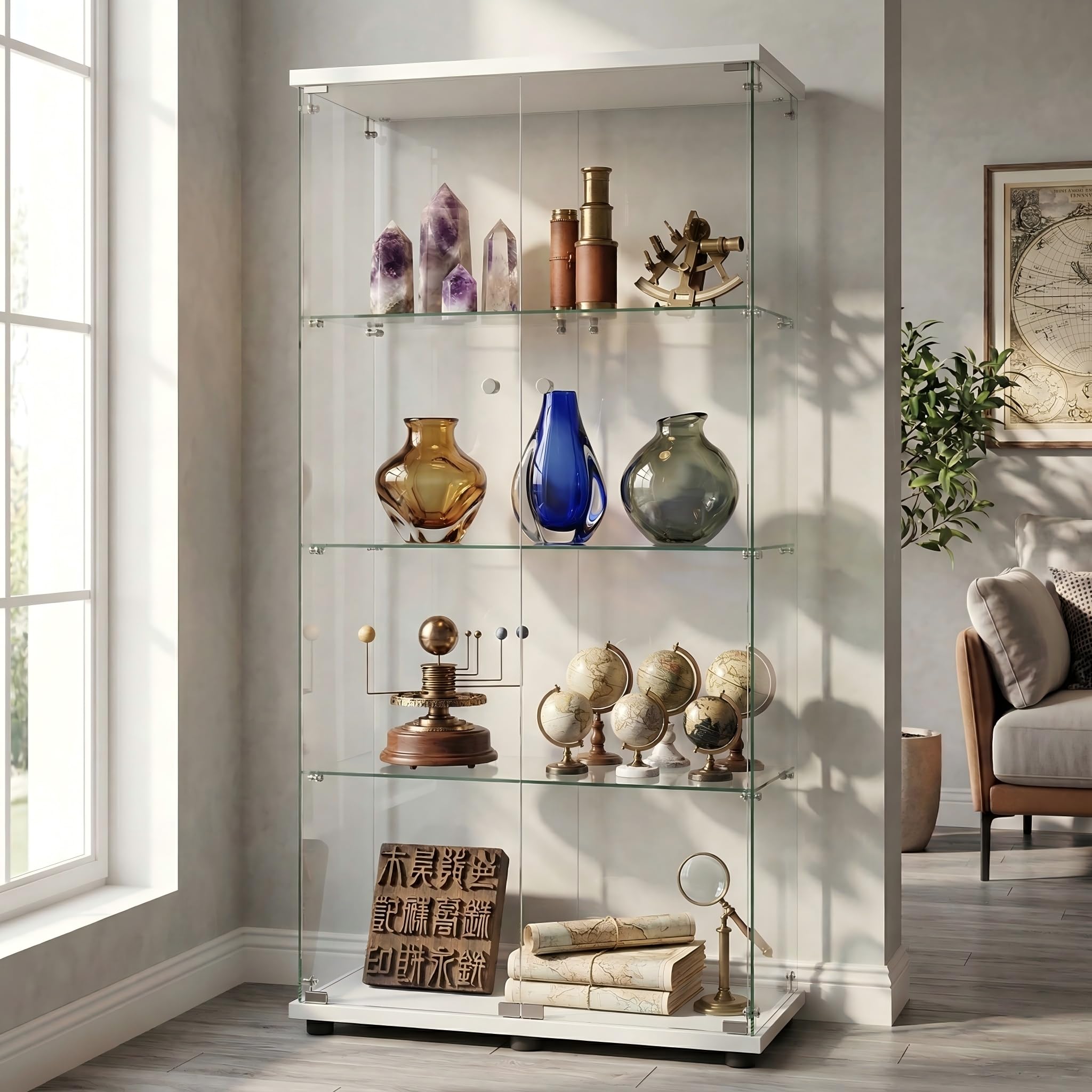 Vitrina de Cristal, 164,5 cm, 2 Puertas, 4 Capas, Vitrina de Cristal, Vitrina de colección, Armario Alto para salón, Dormitorio, Oficina