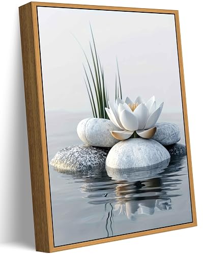 Floating Framed Zen White Lotus Canvas Wall Art, Calming Bathroom