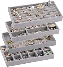 Medigo 4 Pack Velvet Jewelry Trays Organizer, Stackable Jewelry Display Case Drawer Inserts Tray, Necklace Storage Holder for Earring, Ring, Bracelet, Brooch, Watch