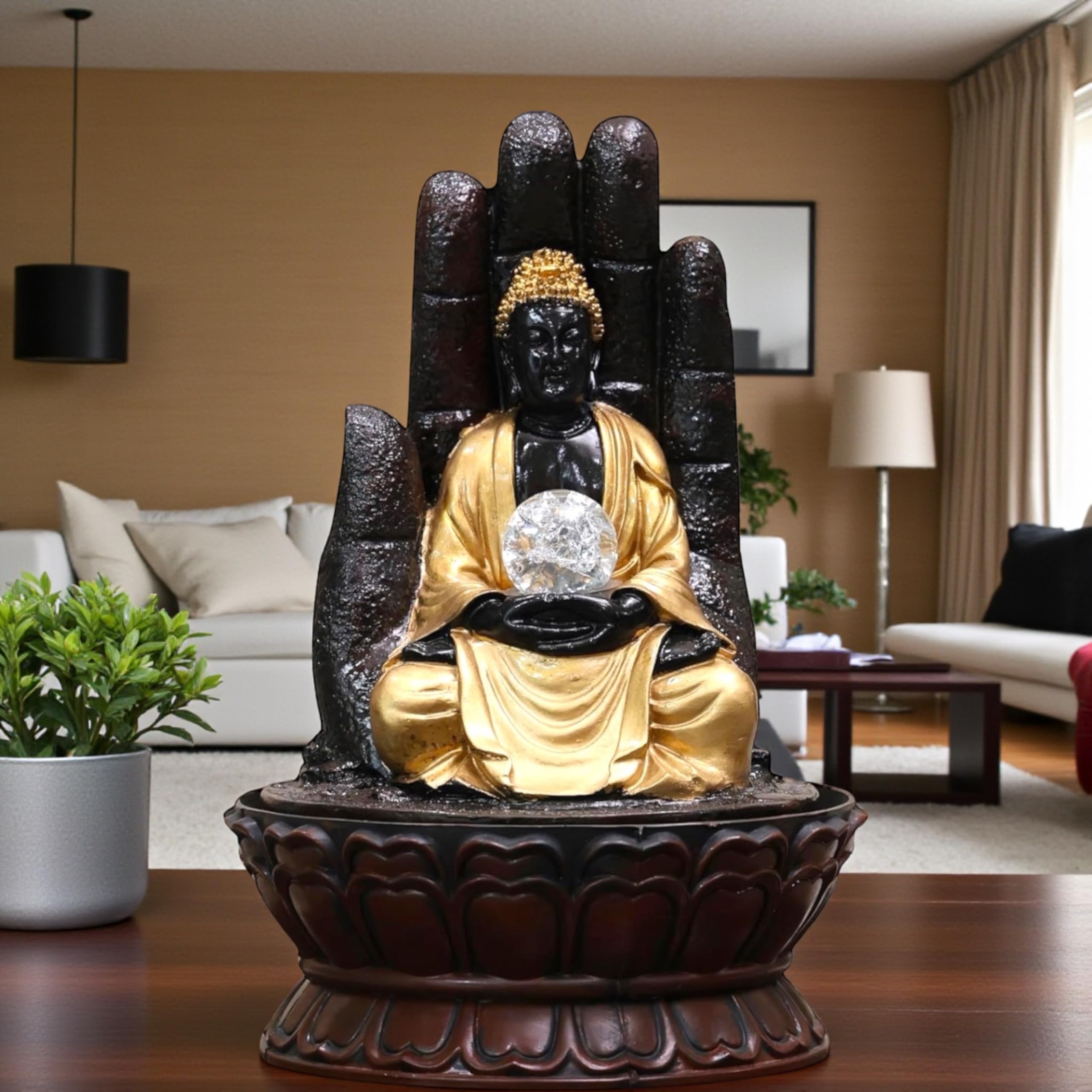 G - Creations: Waterfall | Buddha Waterfall Fountain with LED Lights, Multi-Tier Cascading Design, Fibreglass, Beige, 59cm Height, Corded Electric, Indoor Outdoor Decor 18 inches.-image-26