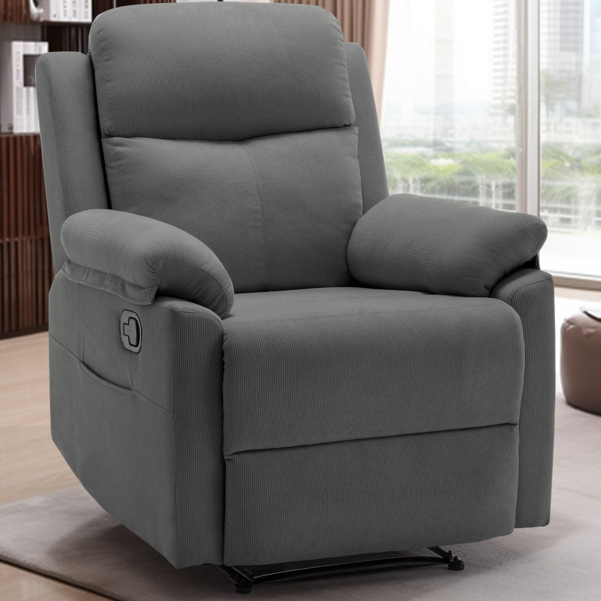Korser Recliner Chair, Small Recliners for Small Spaces, Upholstered Manual Recliner with Side Pockets, Comfy Corduroy Chairs for Living Room, Bedroom