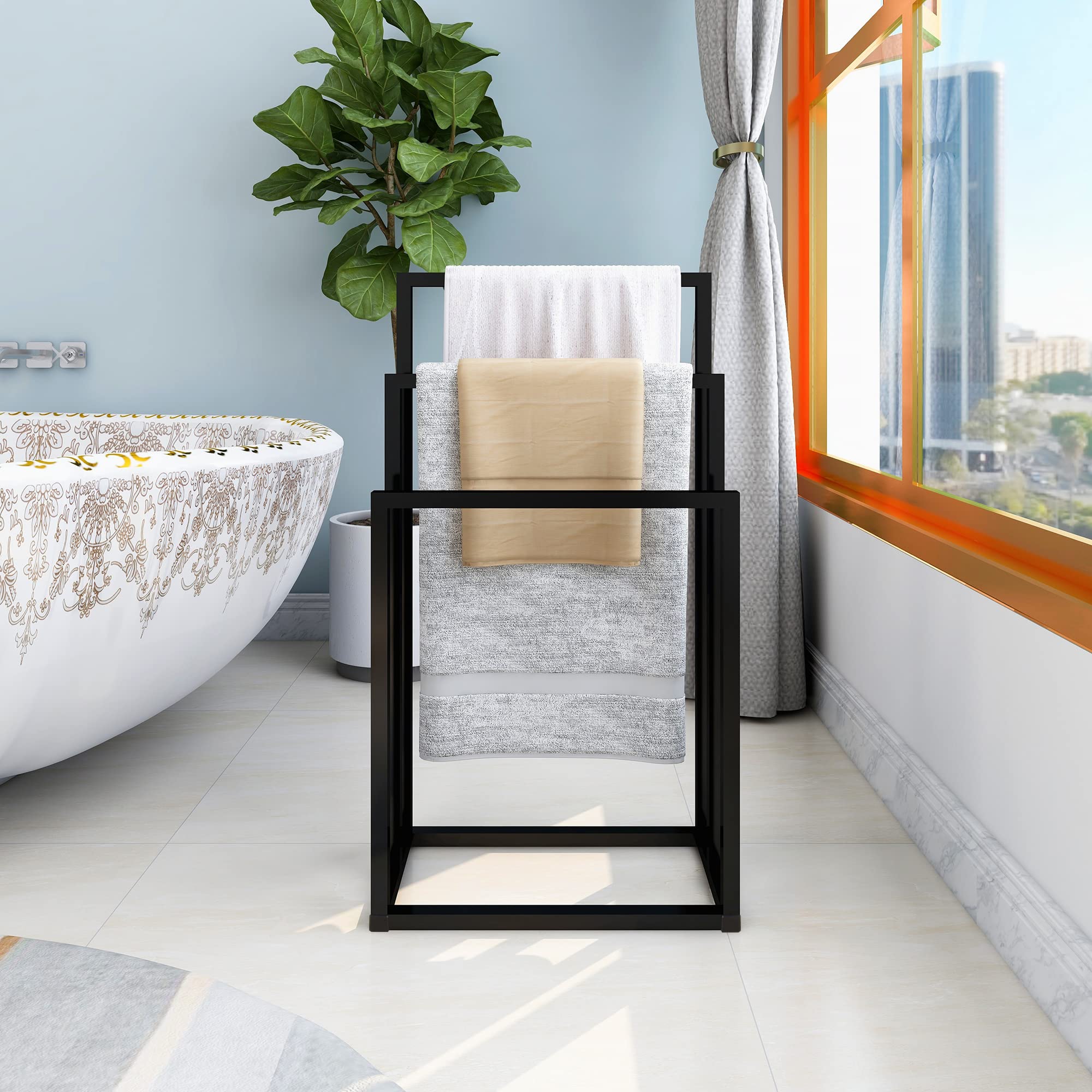 DUMEE Freestanding Towel Racks with 3 Towel Stands Rail for Bathroom Accessories Organizer, Towel Holder, Bath & Hand Towels Storage, Black