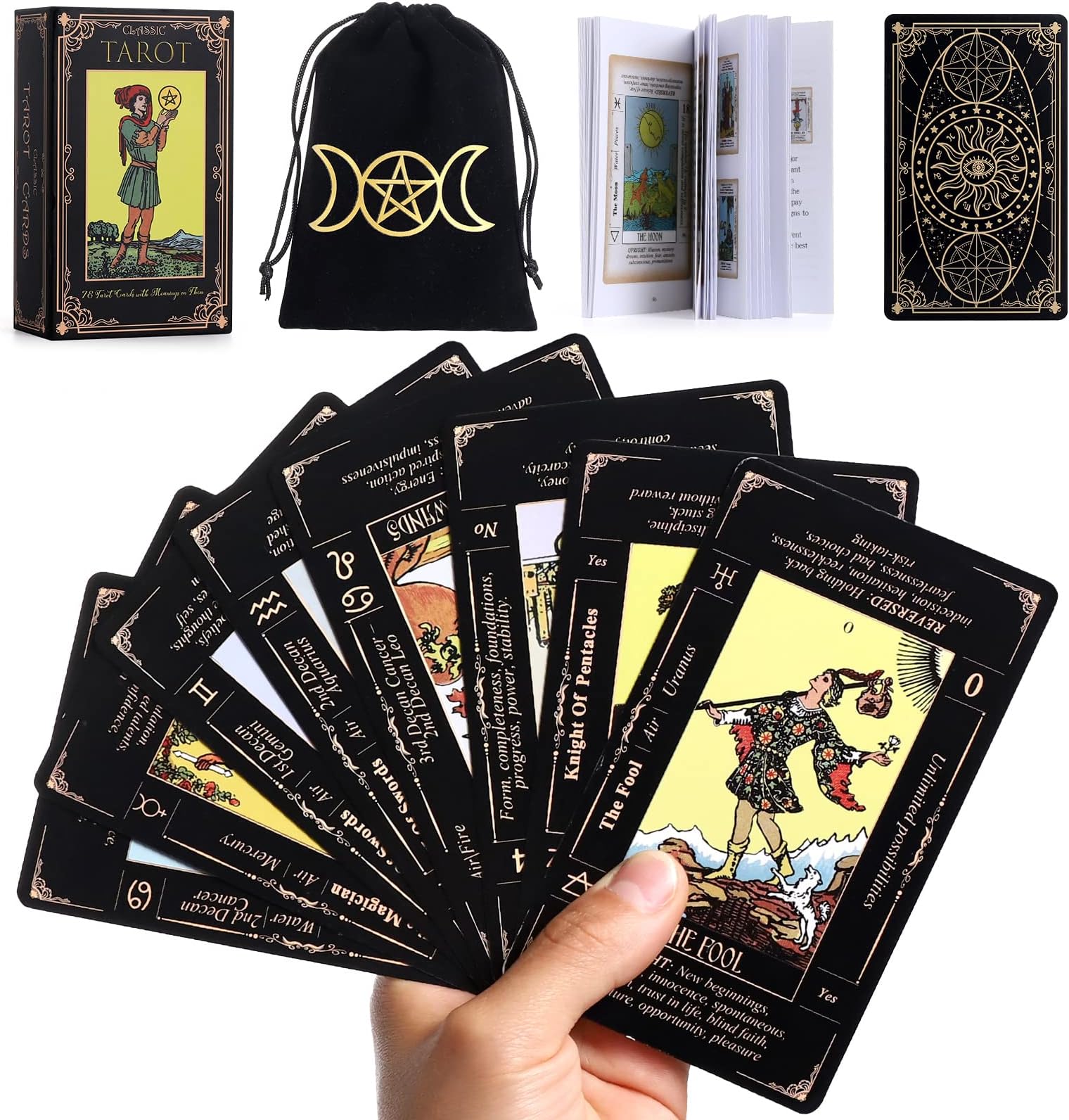 Tarot Cards Deck with Guide Book & Linen Carry Bag - 78 Classic Original Tarot Cards for Fortune Telling - Ideal for Beginners to Experts, with Meanings Included