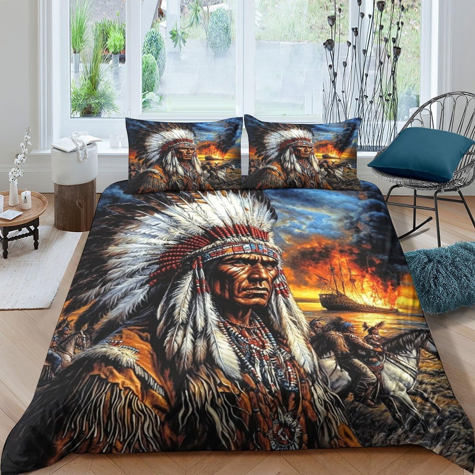 Ctjqhvkz Style-9 3D Printed Tribal Chief Fitted Sheet Microfiber Soft Native Bonfire Mattress Cover For Bedroom Dorm Decor Single（135X200cm）
