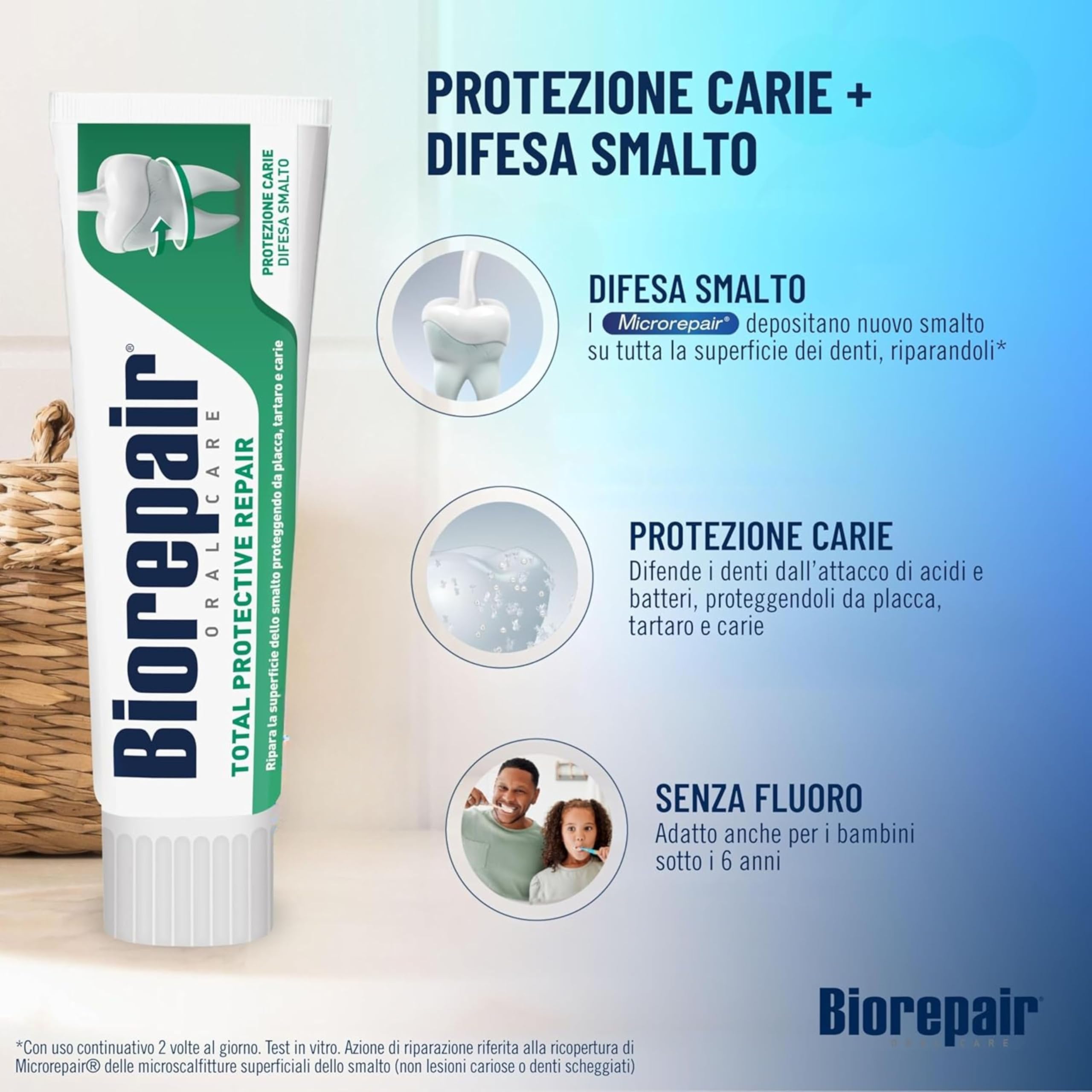 Biorepair, Dentifricio Total Protective Repair, Protezione da Carie, Tartaro e Placca, Difesa Smalto, Con MicroRepair, Azione Antibatterica, Senza Fluoro e Parabeni, 12x75ml