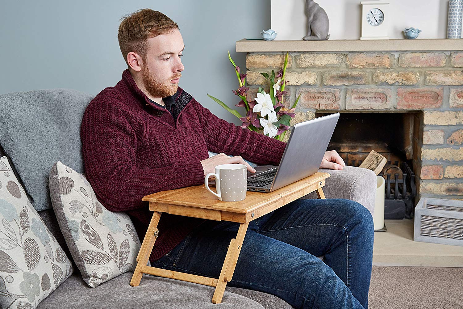 Andrew James Bamboo Lap Tray With Legs Portable Laptop Stand Table