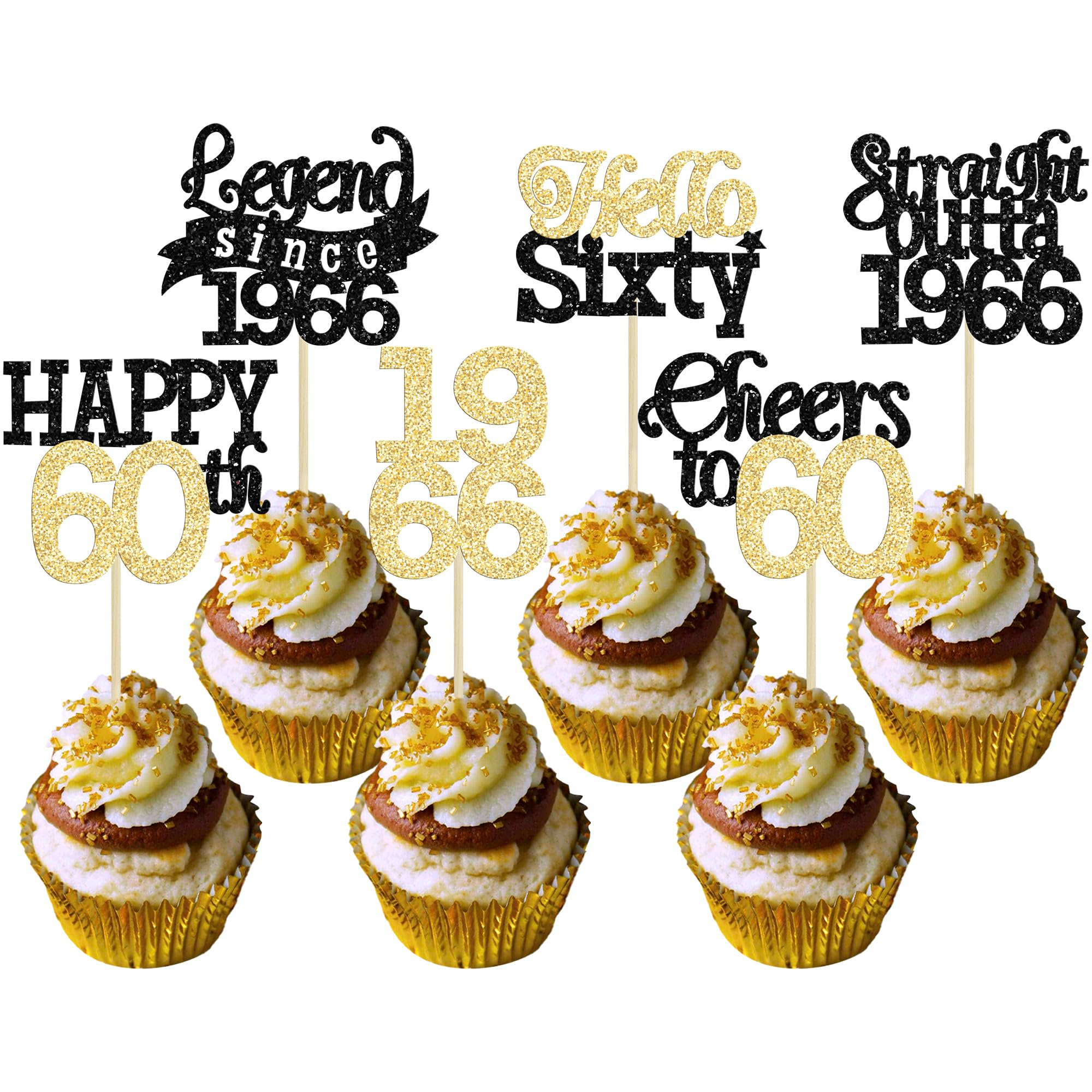 Gyufise 24Pcs Happy 60th Birthday Cupcake Toppers Hello Sixty Legend Since 1966 Cupcake Picks Cheers to 60 Years Cake Decorations for 60th Birthday Anniversary Party Supplies Black Gold