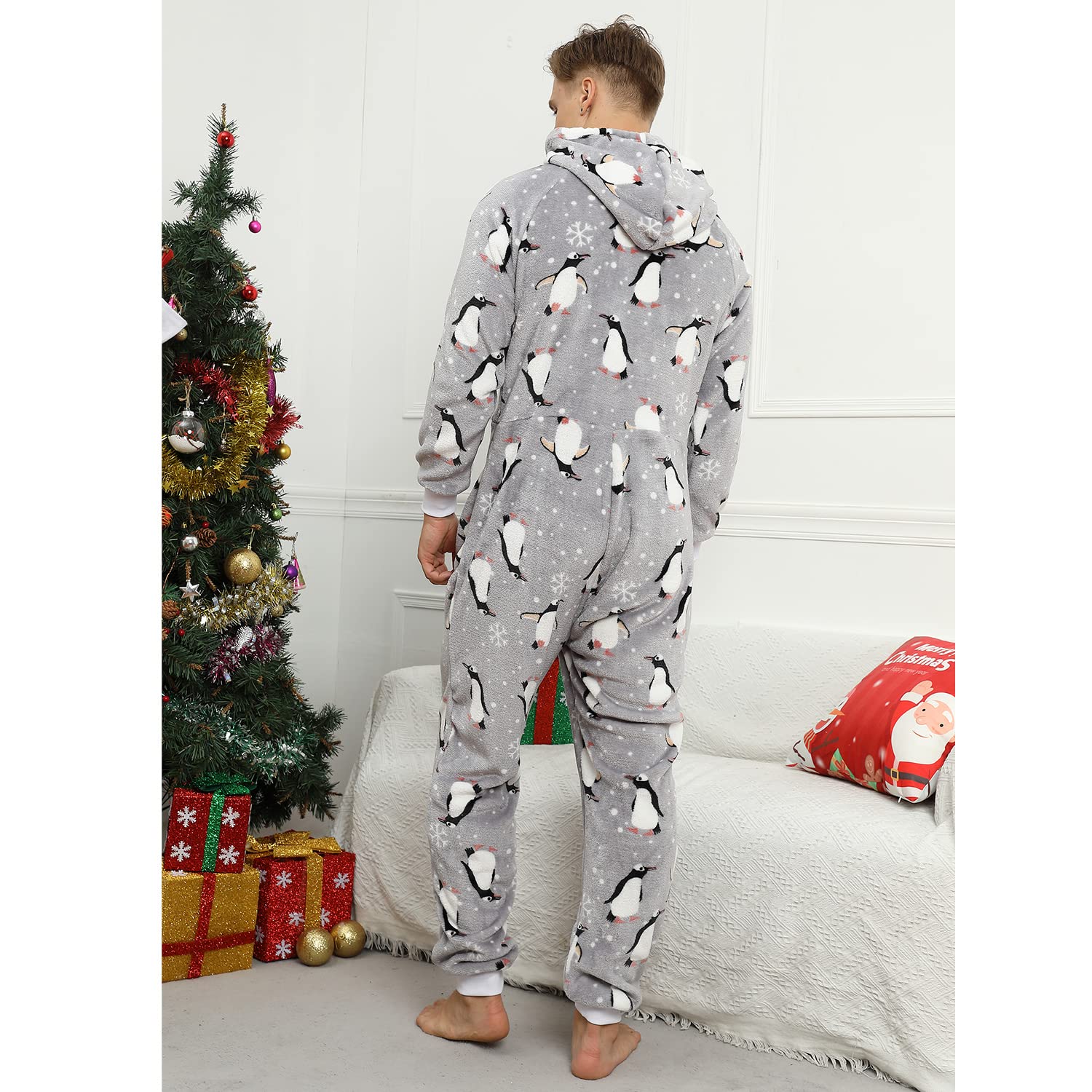 Pijama Navidad Una Pieza Hombre Franela Pijamas Mono Entero con Capucha Manga Larga Invierno Calentito Jumpsuit Adulto Onesie Ropa de Casa Dormir