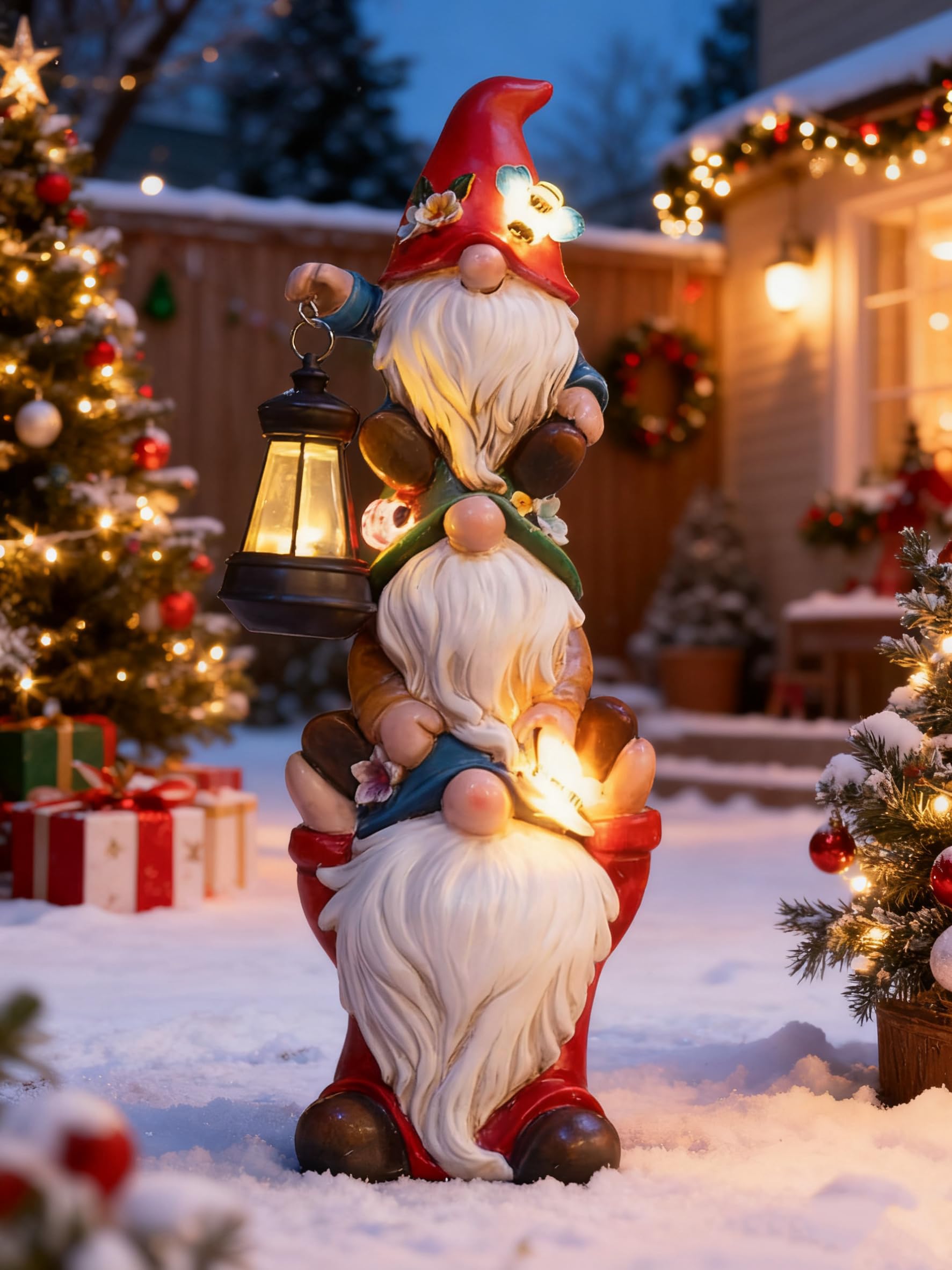 Christmas Garden Gnome Statue with Solar Lights Garden Sculptures Funny Triple Gnome Outdoor Patio Lawn Yard Balcony Home Decor Birthday Gifts for Women Mom Grandma 12 in Thanksgiving Gnome