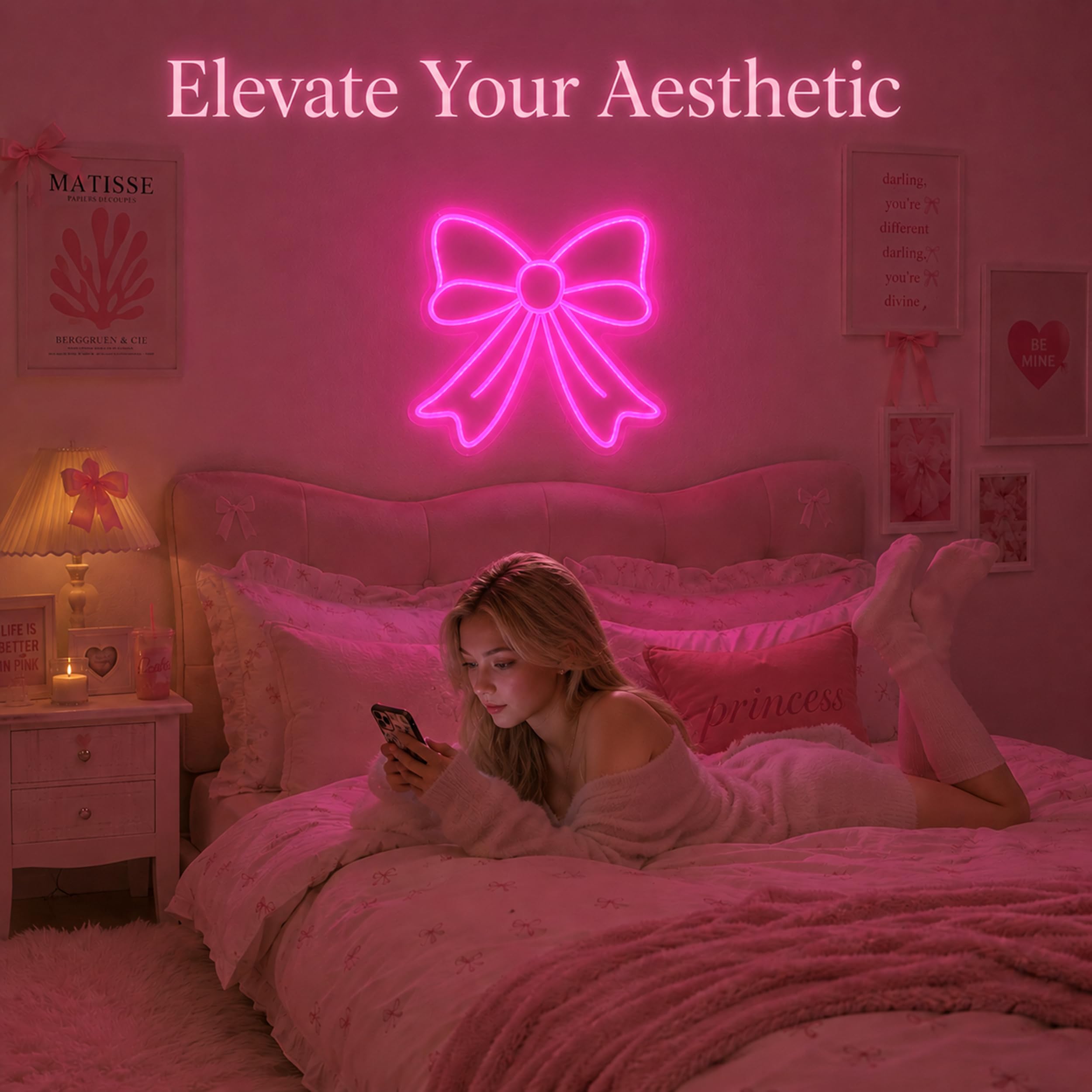 Letrero Neon pared Estética, Neon LED Lazo Rosa Vibrante con Cable USB, Decoracion habitacion Niña y Decoracion Gamer, Luz Nocturna Infantil Regalo Niña 6 Años a 18 Años
