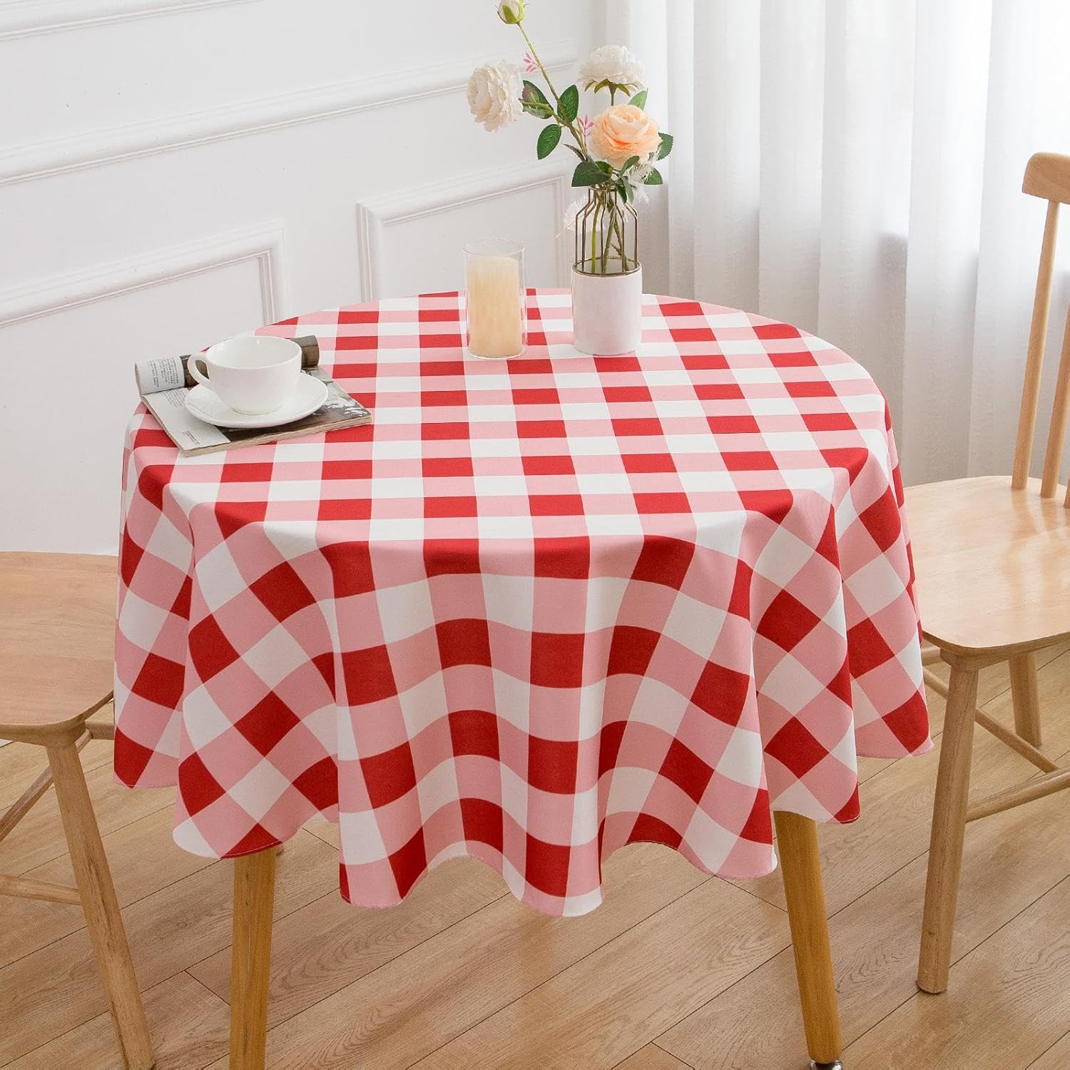 Round Red and White Checkered Tablecloth 70 Inch Spring Gingham Table Cloth- Buffalo Plaid Polyester Table Cover for Summer Holiday Decorations Reusable Water Resistant - Image 2