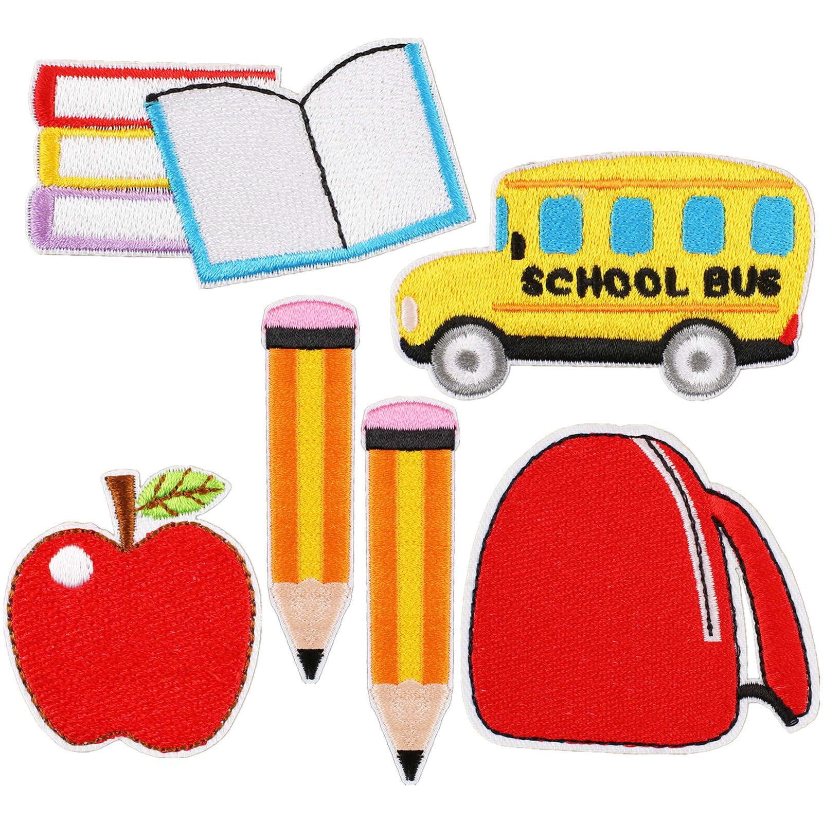 6Pcs Back to School Patches Pencil Iron on Patches Colorful Book Bus Apple Bag Embroidered Patches Assorted Repair Sew Applique for Teacher Students
