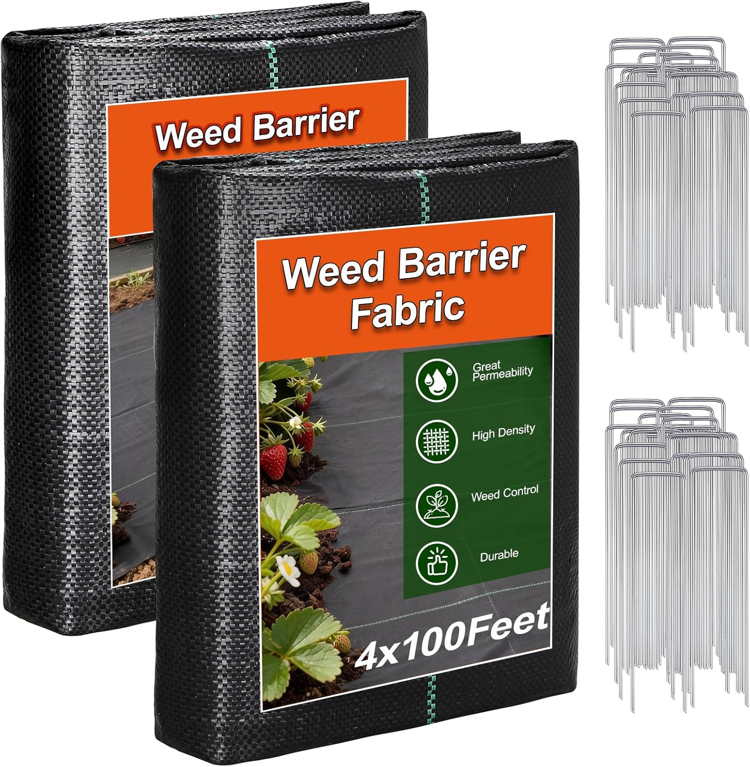 Weed Barrier Landscape Fabric 4FT x 100FT Bundle with 50 Pack Landscape Staples Galvanized
