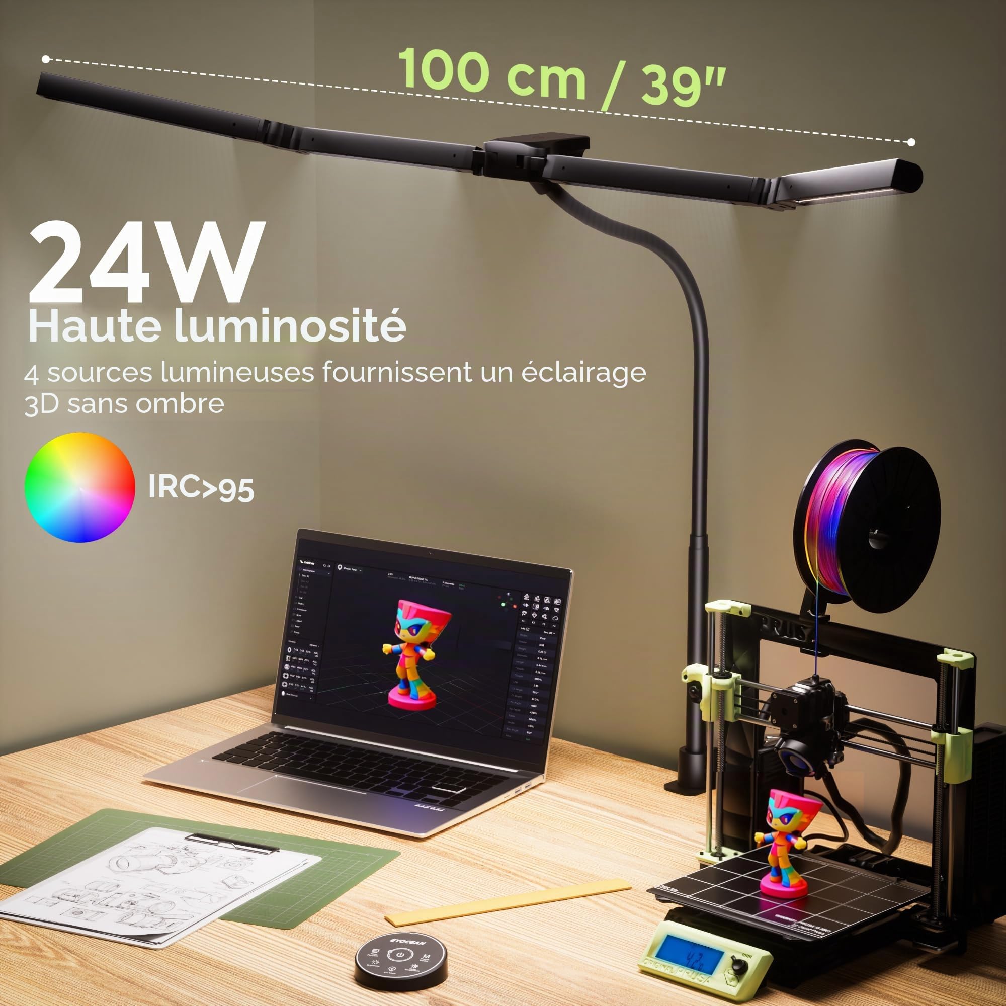 EYOCEAN Lampe De Bureau À 4 Sources Lumineuses, 24 W, 100 Cm, Lumière Du Jour, Avec Télécommande, Pour Écran À Intensité Variable, Col De Cygne, Noir Profond