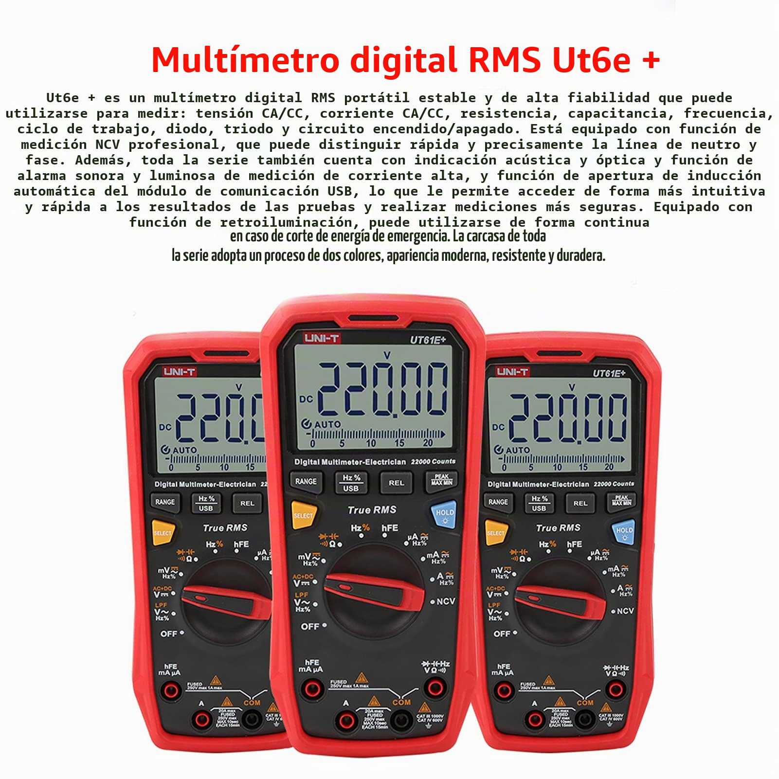 BuyWeek Multímetro Digital Capacidad Ensayador, UT61E 1000V 20A 22000 Cuentas con 2 Cables de Prueba y 1 Cable USB