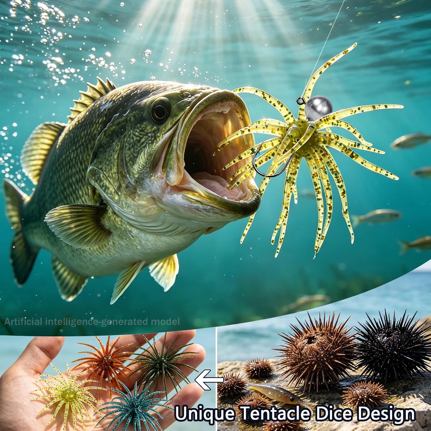 Kynzo Bass Fishing Lures, Fuzzy Dice Style Soft Plastic Creature Baits, Rubber Leg Tentacle Finesse Baits for Drop Shot, Bass Trout Freshwater Fishing, Multiple Colors