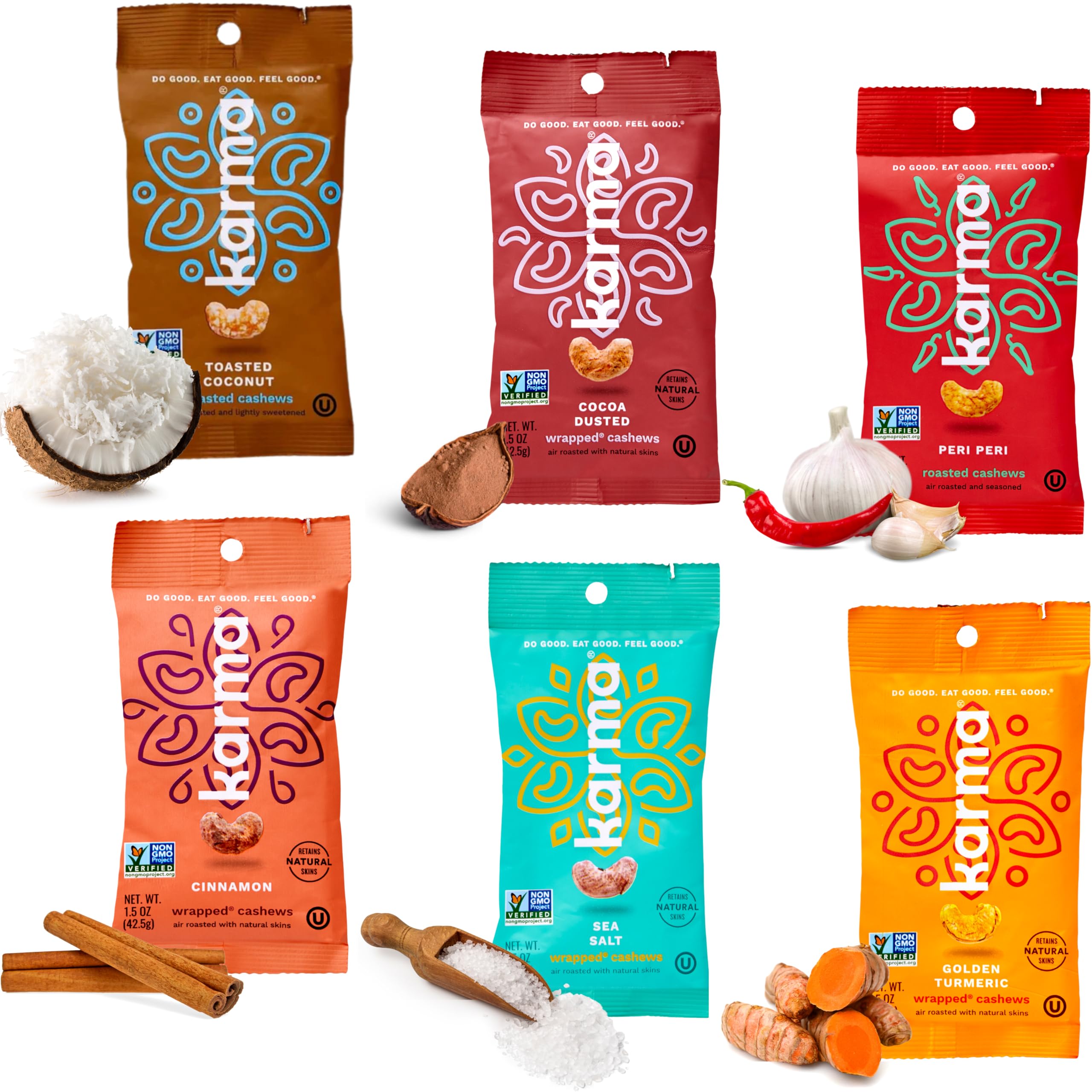 Karma Nuts Flavored Cashews Variety Pack (1.5 oz, Pack of 6) – Whole Roasted Cashews, Healthy Snacks for Adults - Gluten Free Vegan Snacks, Vegan, Non GMO - Flavored Nuts Low Carb