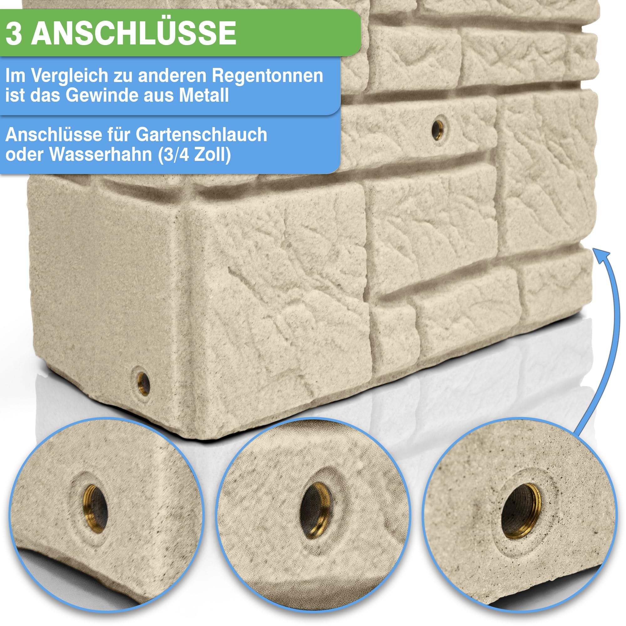 YourCasa Regentonne 300 Liter [StoneRain] mit Metallgewinde und Deckel in Steinoptik - Regenfass Frostsicher aus Kunststoff - Regenwassertonne - Regenwassertank Garten Wassertank Regensammler (Sand)