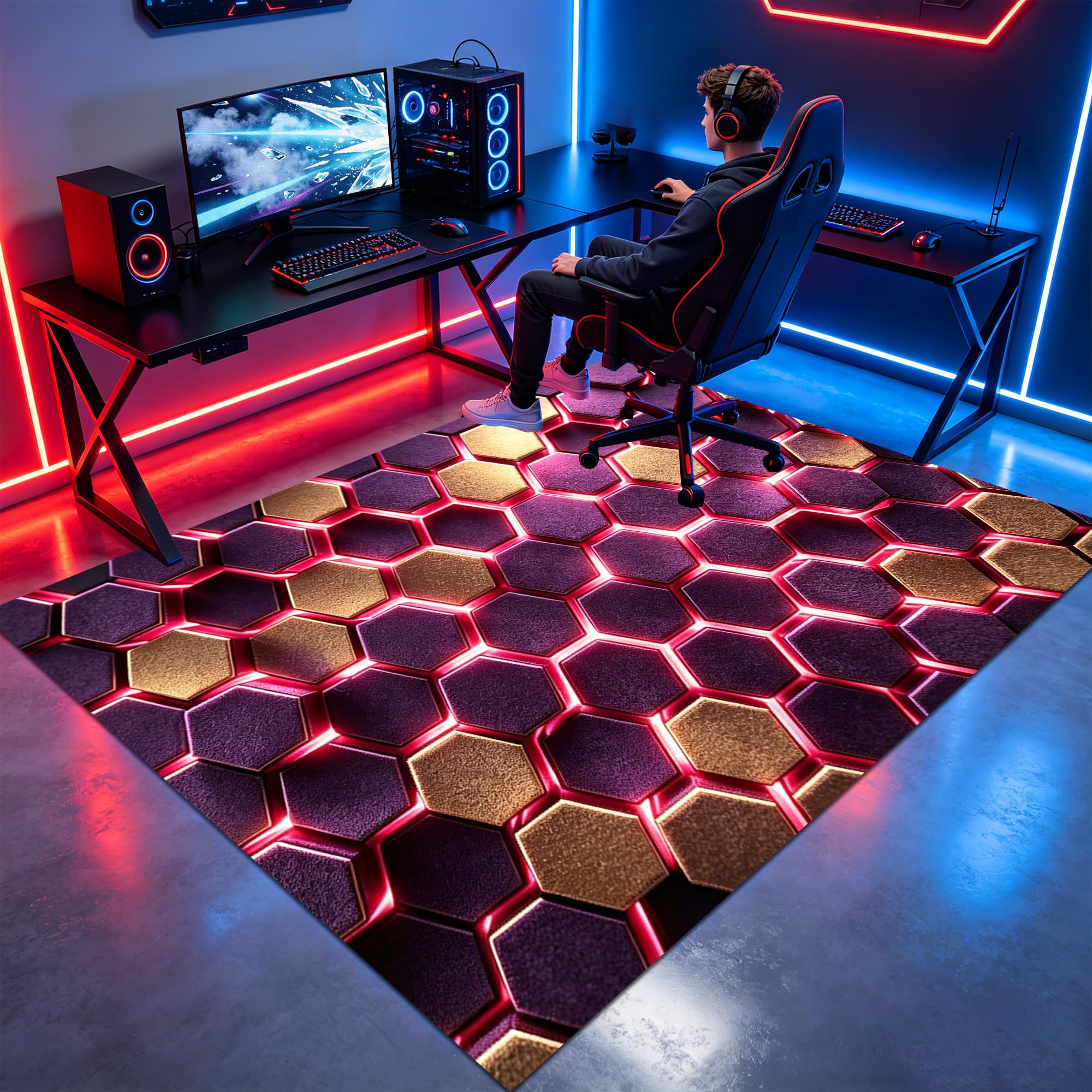 Tapis Chambre Ado Gamer 3D, Tapis Sol Gaming Chambre Garcon Enfant, Tapis De Salon Moderne Antidérapant, Tapis Salle a Manger pour Salon Chambre à Coucher 140 x 160 cm