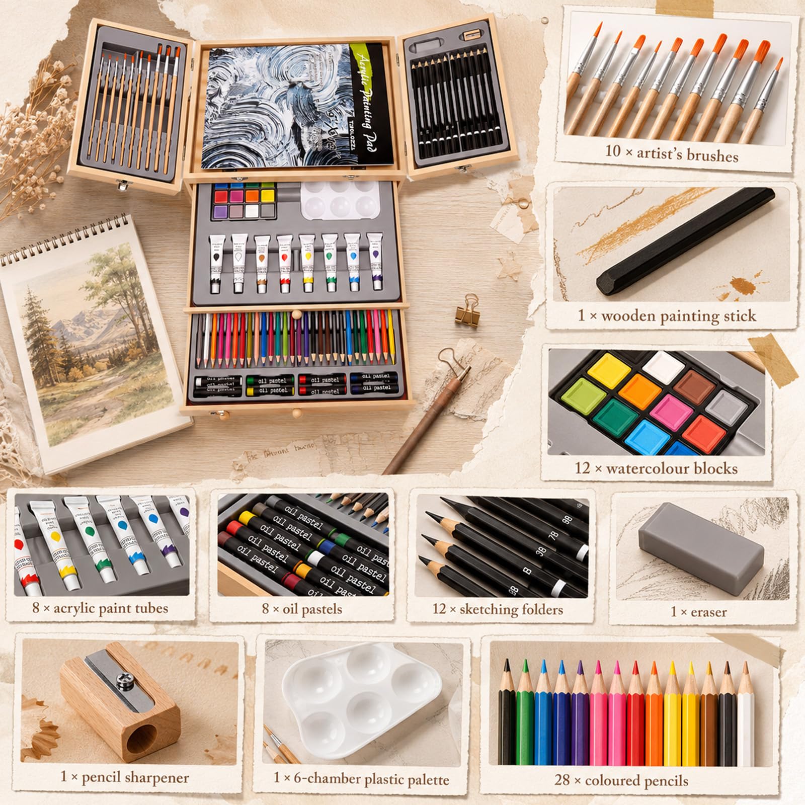 Set da pittura da 82 pezzi con cavalletto da tavolo, set completo di arte per adulti, artisti e principianti, incl. colori acrilici, colori ad acquerello, matite per schizzi, pastelli, pastelli a olio