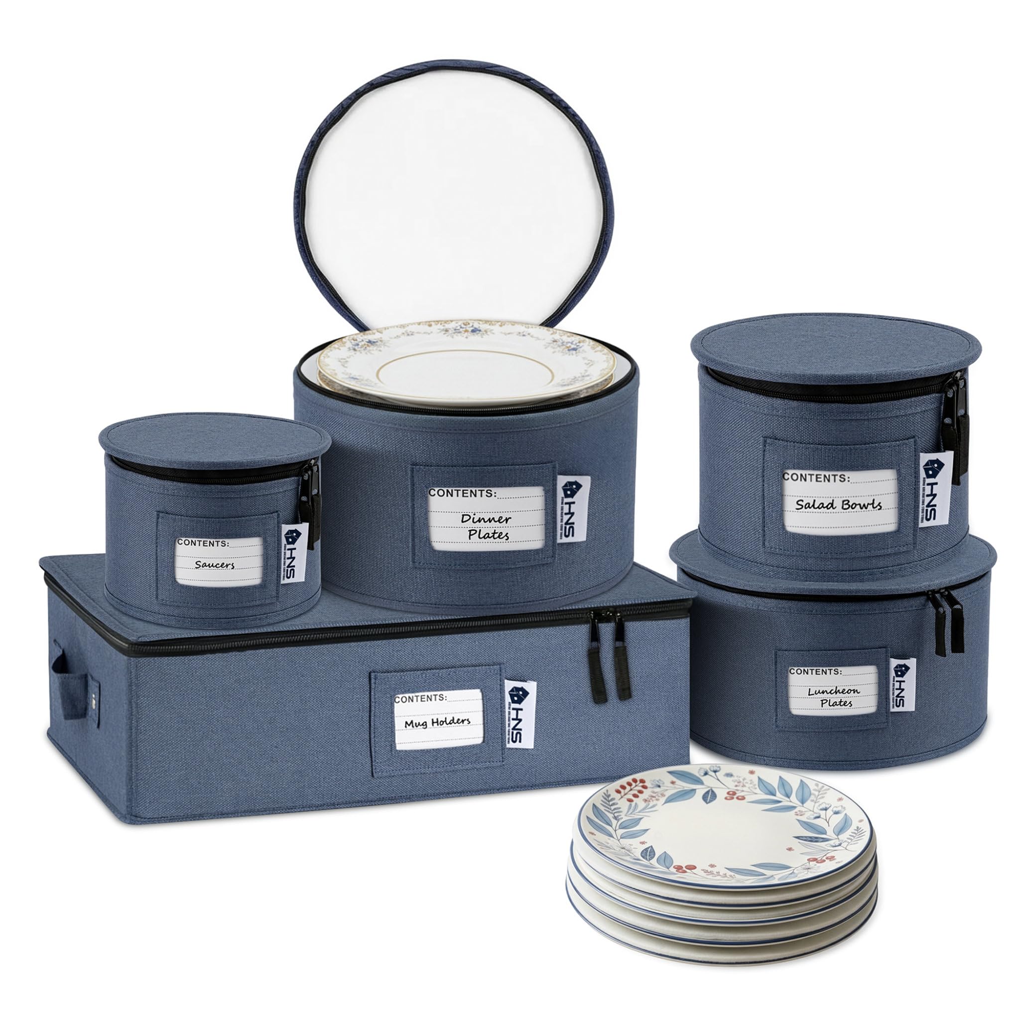 - China Storage Hard Shell Containers 5-Piece Set Moving Boxes for Dinnerware, Glasses, Plates, Mugs and Saucers Sturdy Dish Organizer with Dividers for Seasonal Storage - Service for 12 - Denim Blue