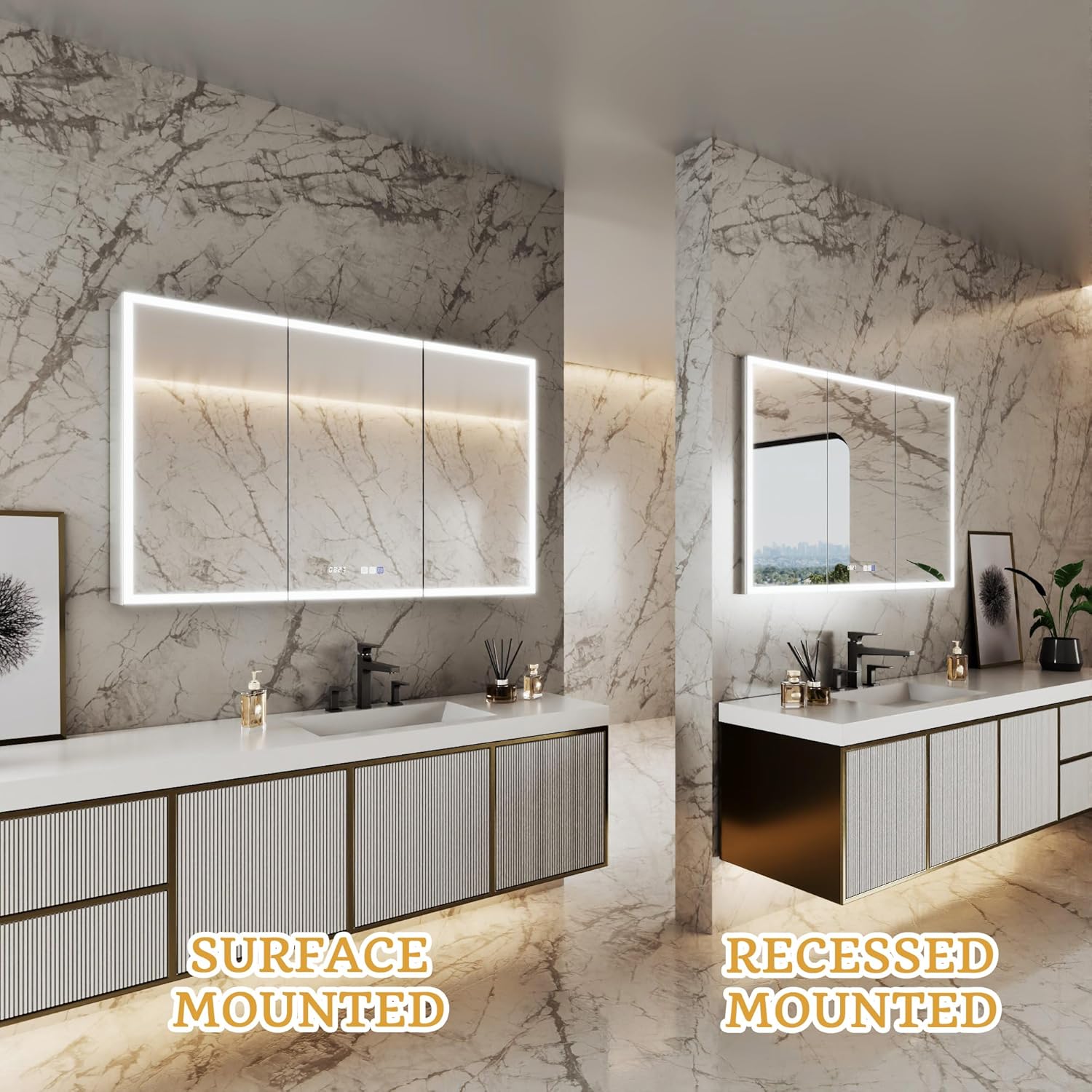 48x30 Inch Lighted Medicine Cabinet, Recessed or Surface LED Medicine Cabinet with Clock & Temperature Display, Anti-Fog, 3-Color Dimmable LED, Door Wide Open