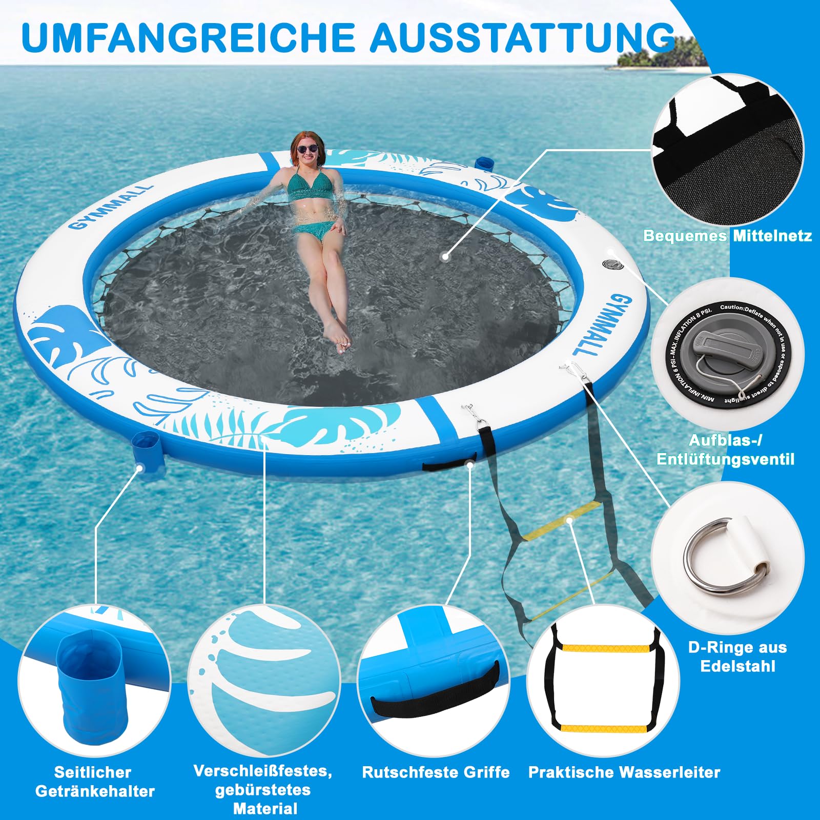 Aufblasbare Schwimmendes Dock, 240cm Runder Aufblasbare Schwimmendes Plattform für Erwachsene,Wasserhängematte Floating Plattform mit Leiter für Pool, See und Strand