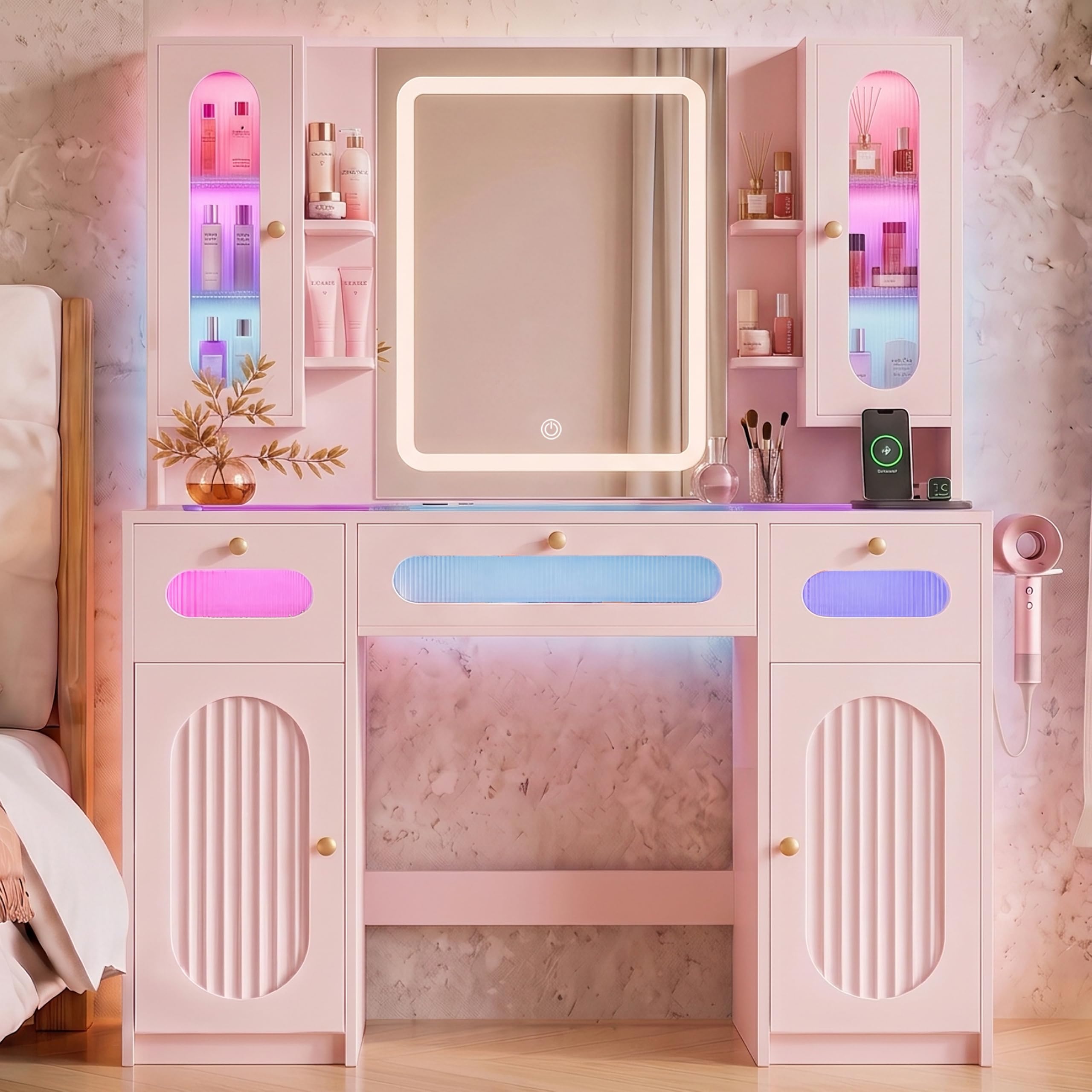 43" Fluted Makeup Vanity Desk with Mirror and Lights for Bedroom