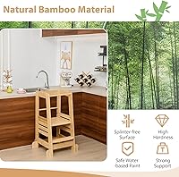 Vista 7 de Costzon Torre para niños pequeños, taburete de cocina ajustable para niños con riel de seguridad, torre de pie de bambú para niños, taburete