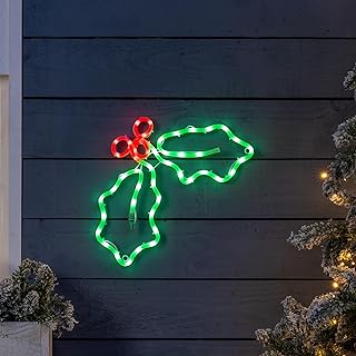 Christow Holly Berry Christmas Light Decoration, Energy Efficient LED Rope Light, Flashing Wall Window Silhouette, Indoor Outdoor, Mains Operated (32cm x 45cm)